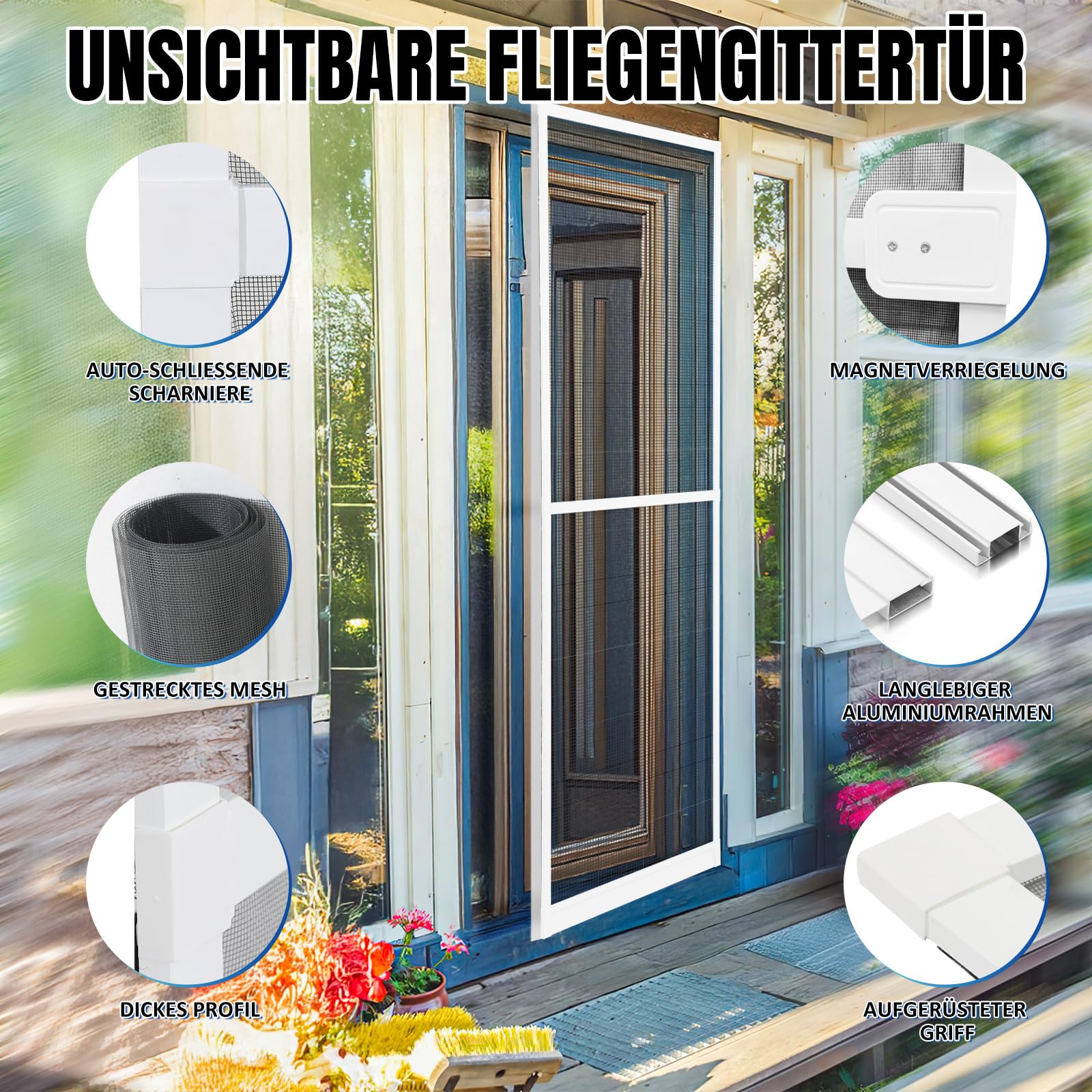 𝗝𝗮𝘅𝗴𝘂𝗼𝗺 Fliegengitter Tür Balkontür 120x240 cm, Insektenschutz Tür mit Alurahmen zur Schraubmontage, zuschneidbar, weiß, mit Bürstendichtung & Magnetverschluss für Terrasse