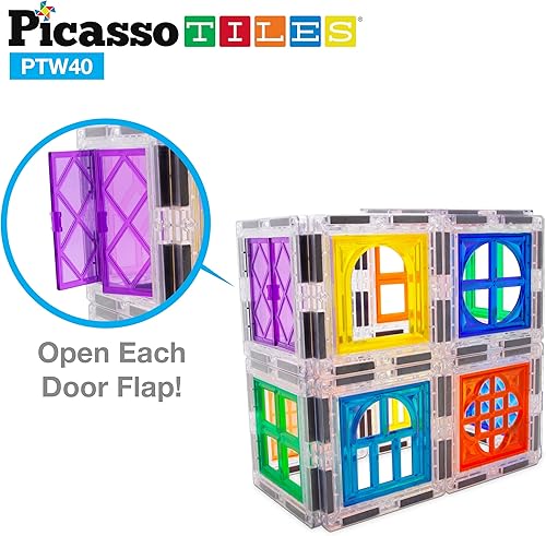 Miniatura 4 de PicassoTiles Paquete de 100 azulejos magnéticos + 40 piezas de clip para ventanas y puertas STEAM juego educativo para juegos de construcción