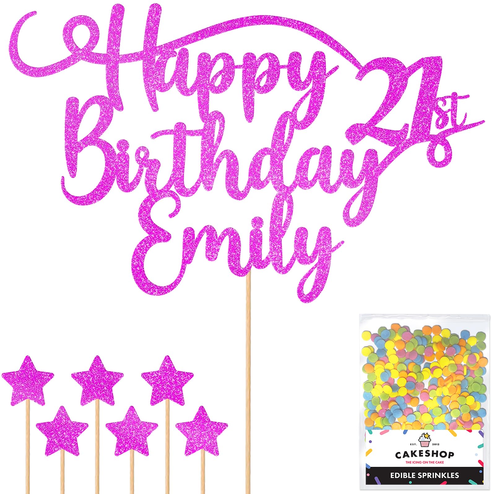 Personalised Happy Birthday Glitter Cake Topper - Pink Any Name & Any Age Glitter Cake Decoration and Sprinkles - Happy Birthday Decorations - Personalised Toppers for Cakes by Cakeshop — image 1