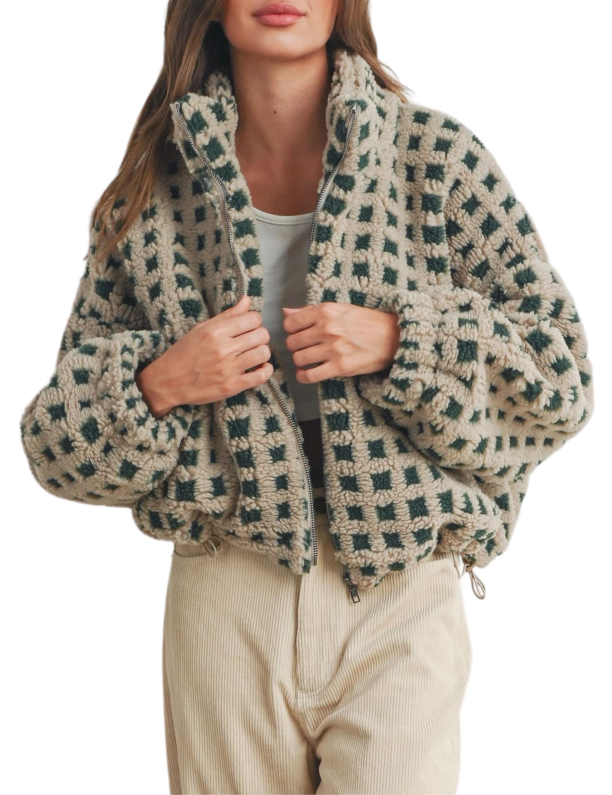 Esmeling Womens Long Sleeve Cropped Sherpa Fleece Plaid Jacket Casual Chunky Teddy Fleece Outerwear