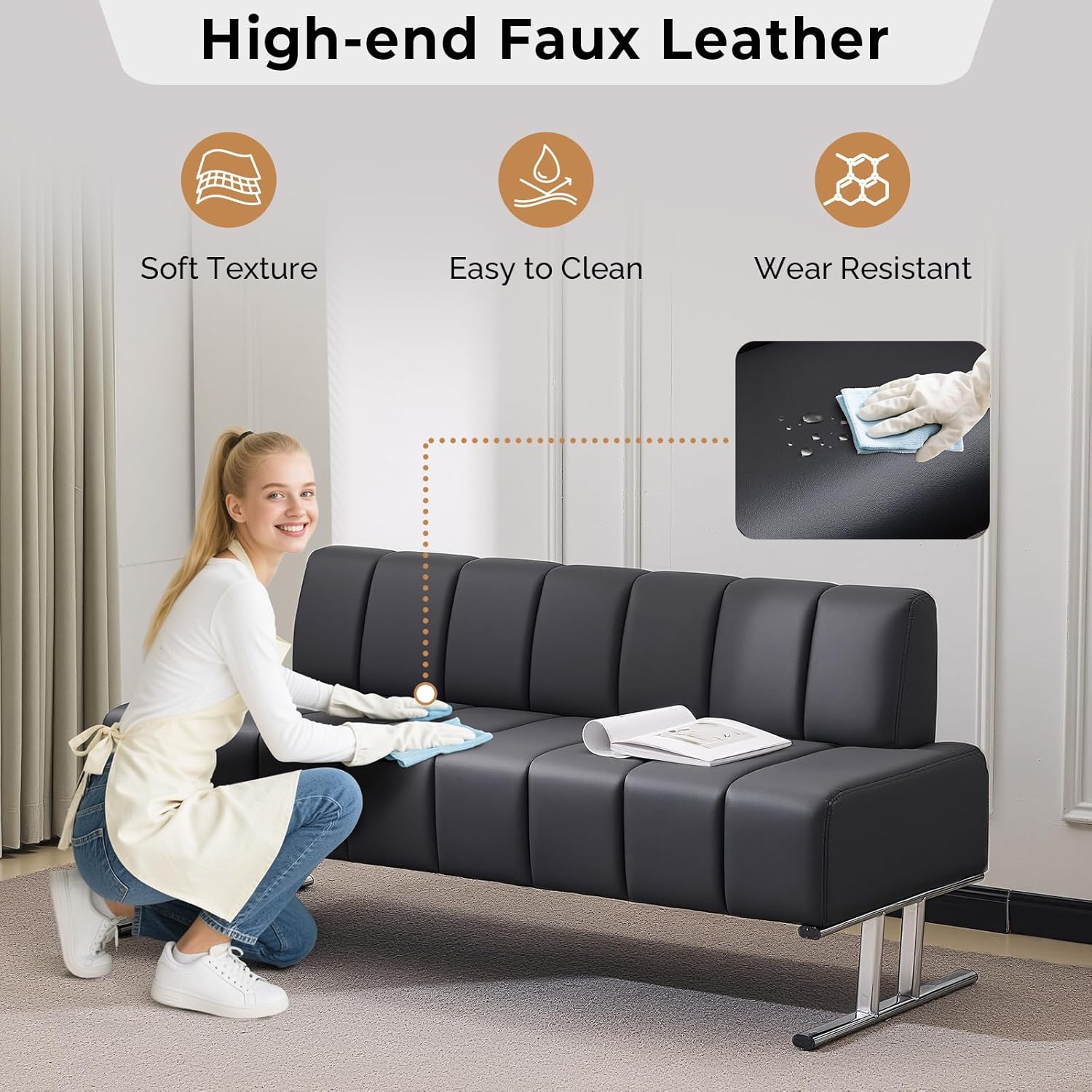 OmySalon Waiting Room Chairs Faux Leather Office Guest Chair, 59’’ Black Lobby Bench Seating, Reception Area Furniture for Clinic Hospital School