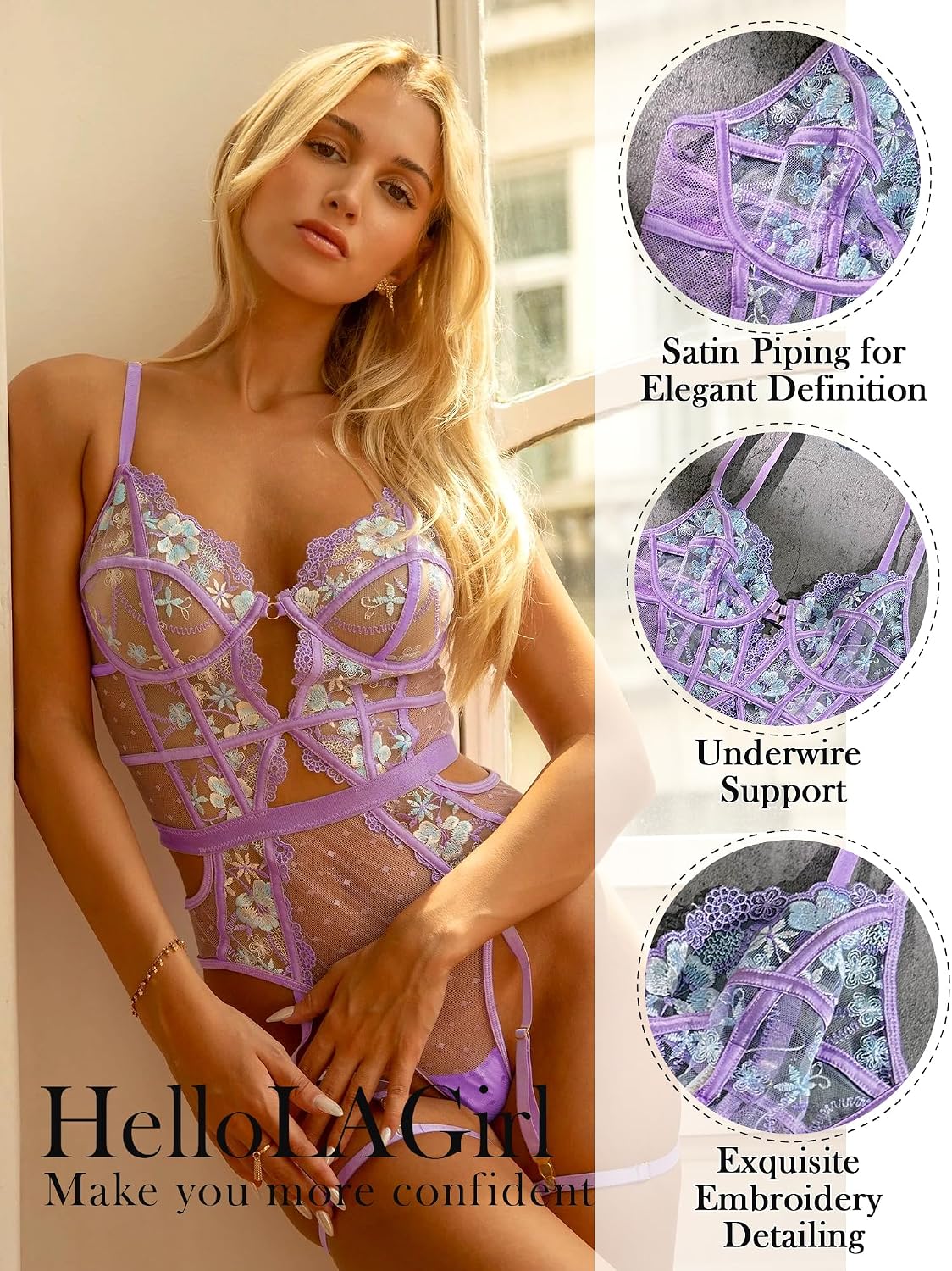 HELLOLAGIRL Women One Piece Lingerie Lace Bodysuit Lavender Blossom Embroidered French-inspired Bodysuit
