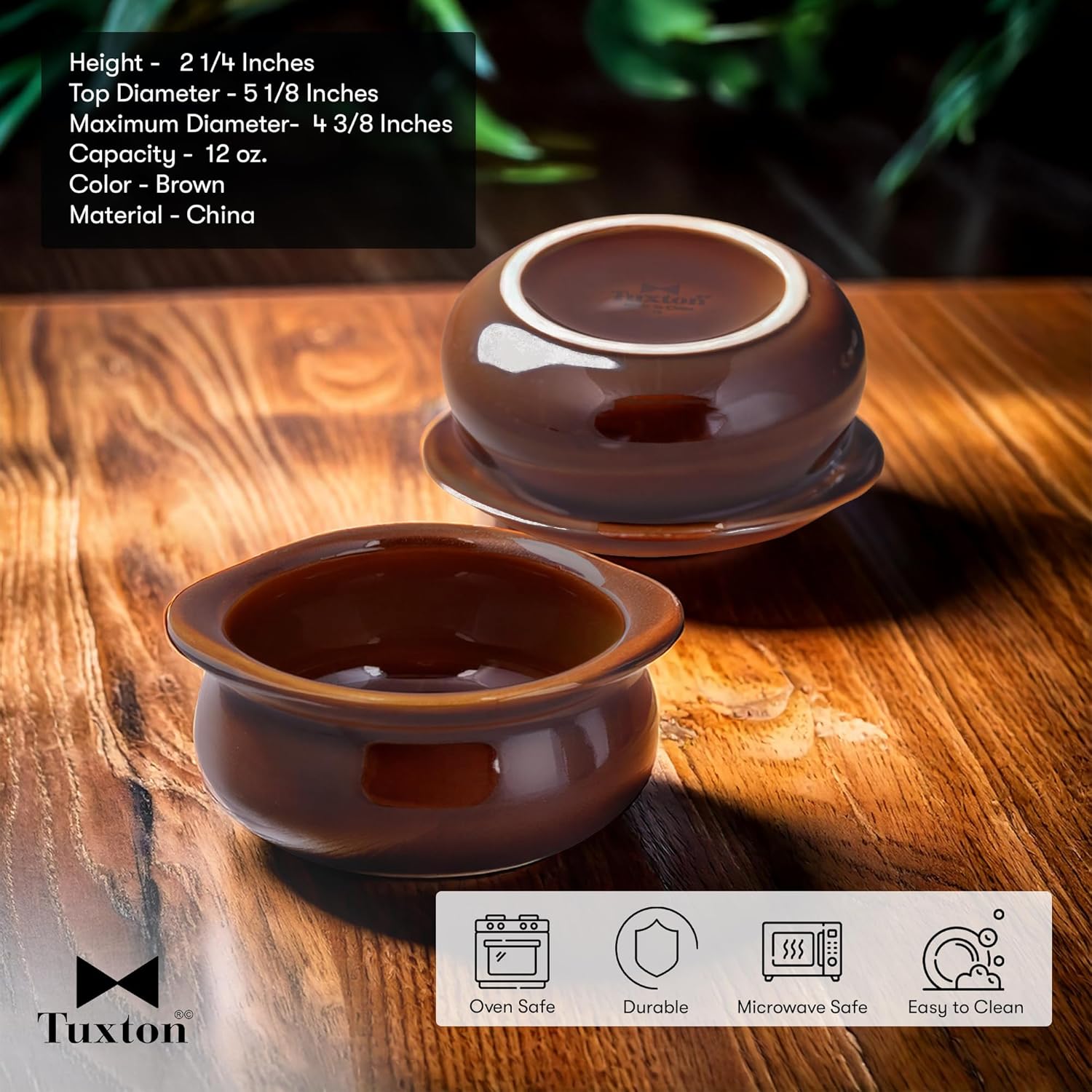 Tuxton China BAS-1203 Onion Soup Crock, 12 oz., 5-1/8" x 4-3/8" x 2-1/4"H, Microwave and Dishwasher Safe, Oven Proof, Fully Vitrified, Ceramic, DuraTux, Caramel, Pack of 12