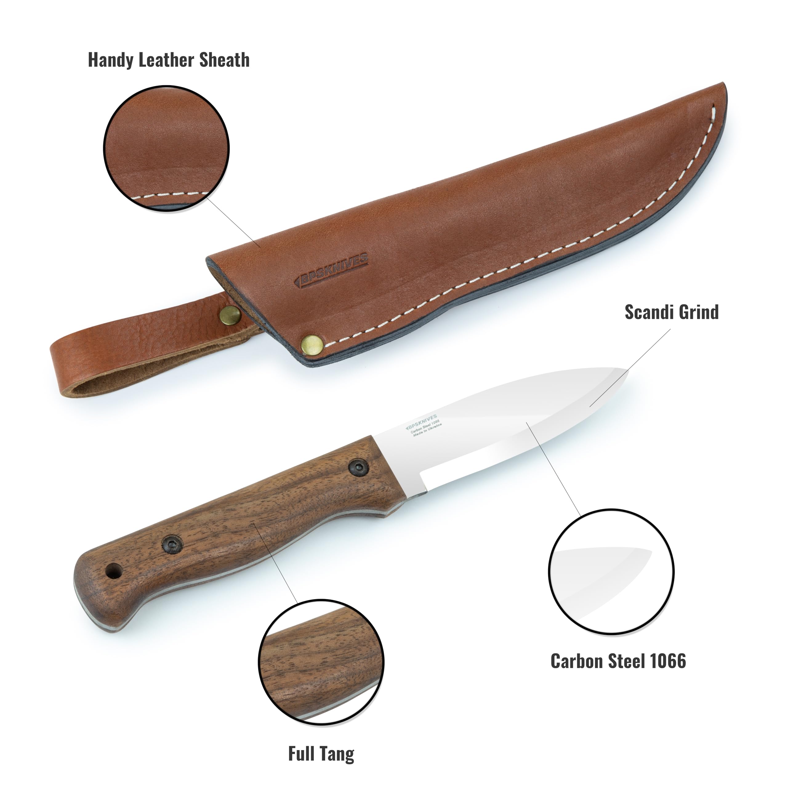 BPSKNIVES B1 CSH - Bushcraft-Messer mit Lederscheide - Campingmesser - Outdoor-Kohlenstoffstahlmesser mit Durchgehender Klinge - Handgefertigtes Lagermesser - Survival-Taktikmesser