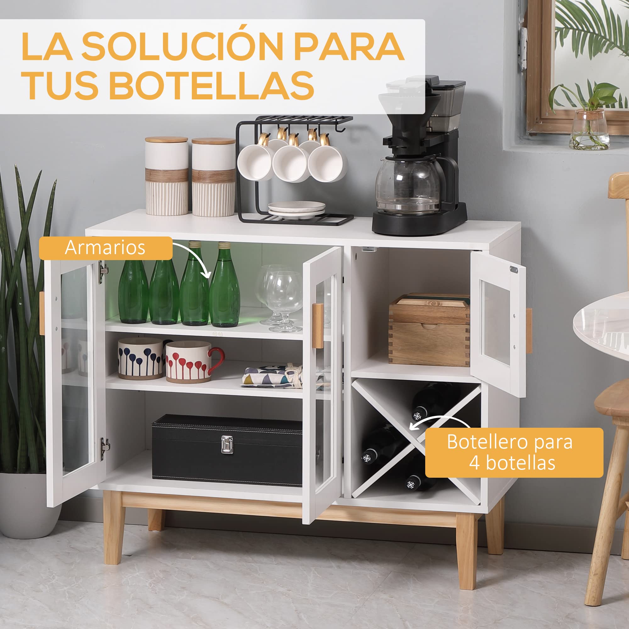 HOMCOM Aparador de Cocina con Botellero Mueble Buffet Auxiliar con 3 Puertas de Vidrio y Botellero en Forma X para 4 Botellas para Comedor Estilo Moderno Antivuelco 90x37x75 cm Blanco