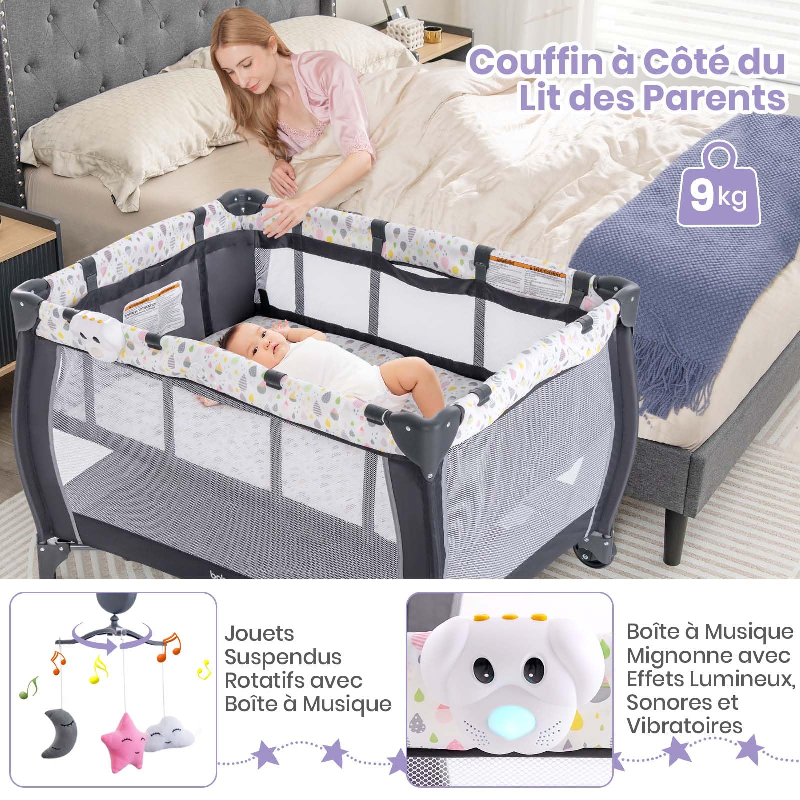 DREAMADE 3 en 1 Lit Parapluie Bébé 125x65x76CM avec Matelas Lit de Voyage Tout-Petites 0-3 Ans avec Porte-Couche&Roue Verrouillable&Table à Langer&Boîte à Musique,Charge 15KG (Gris+Goutte d'eau)
