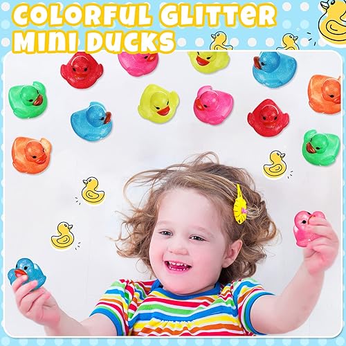 Miniatura 6 de Leitee 48 patos surtidos de patos de goma con purpurina para niños, mini patos con purpurina colorida de color neón, juguetes de baño para regalos