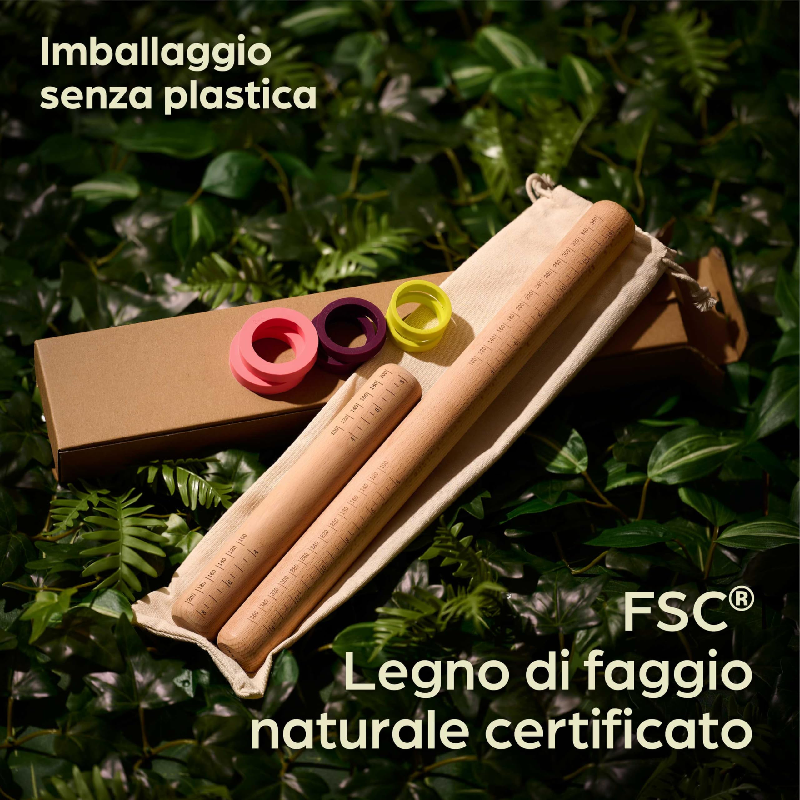 Praknu Mattarello con Anelli Regolabili per lo Spessore dell'Impasto - Set da 2 in Legno Certificato FSC® - Per una Distribuzione Uniforme