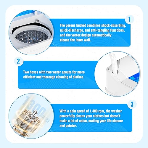 Vista 6 de Bonusall Lavadora portátil de 16 libras, lavadora compacta de una sola tina con secadora de centrifugado, mini lavadora semiautomática