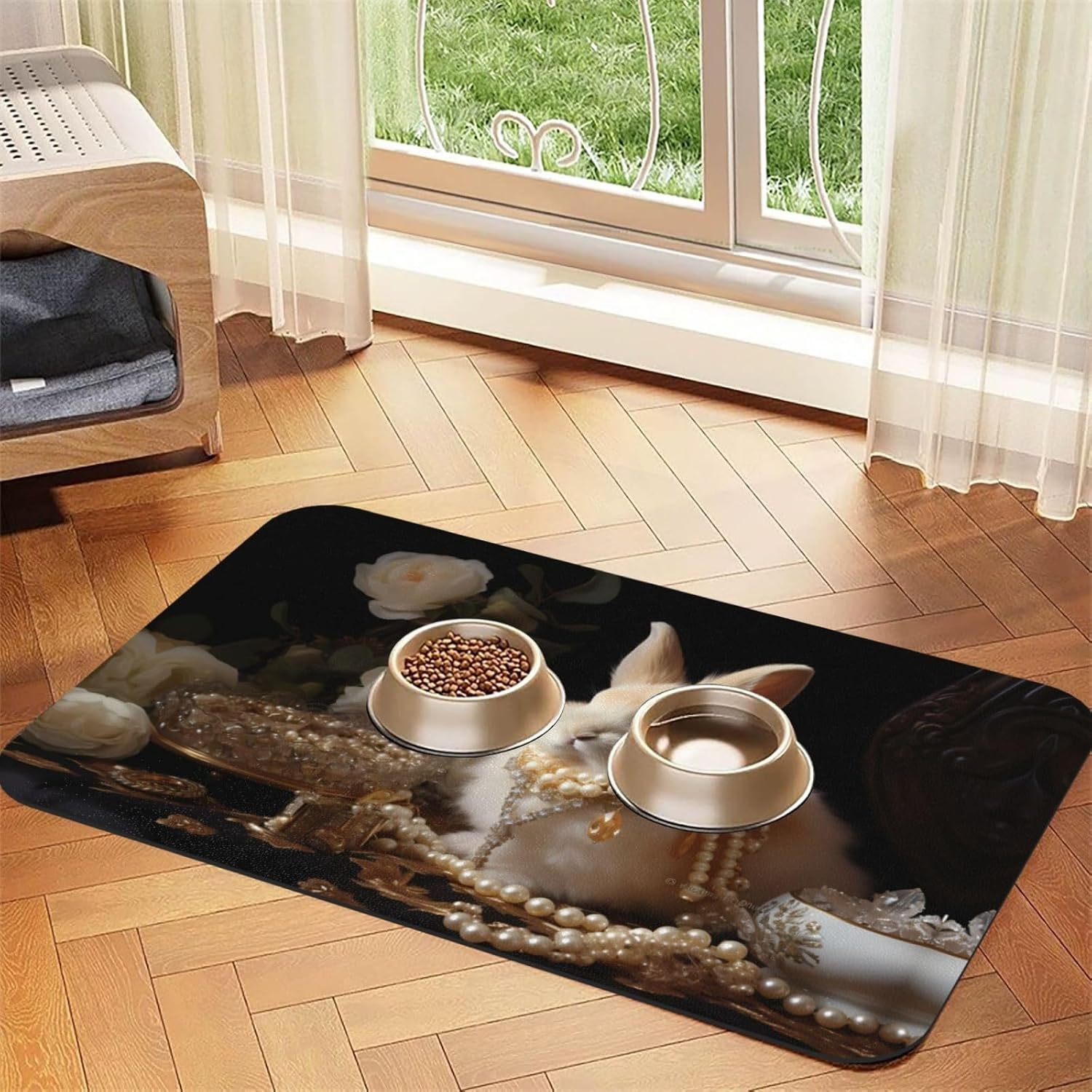 40x60cm Nice Rabbit Patterned pet placemat Food mat - for cat and Dog Food Bowl mats, Foldable and Easy to Store