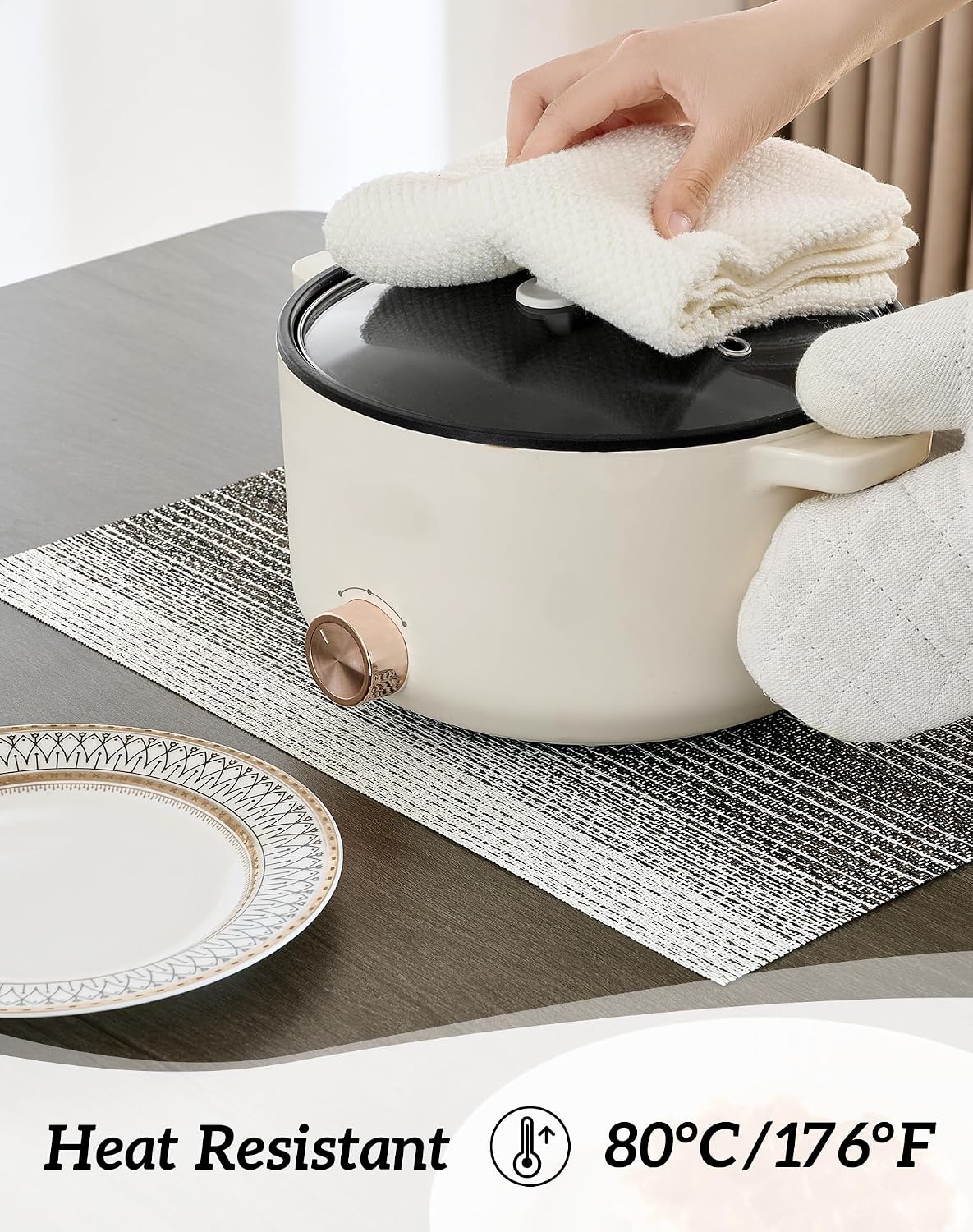 Leetaltree Woven Vinyl Placemats Set of 4,Black& White | Waterproof & Washable Dining Table Mats for Wedding, Anniversary, Daily Use, Hand-Cut, Easy to Clean