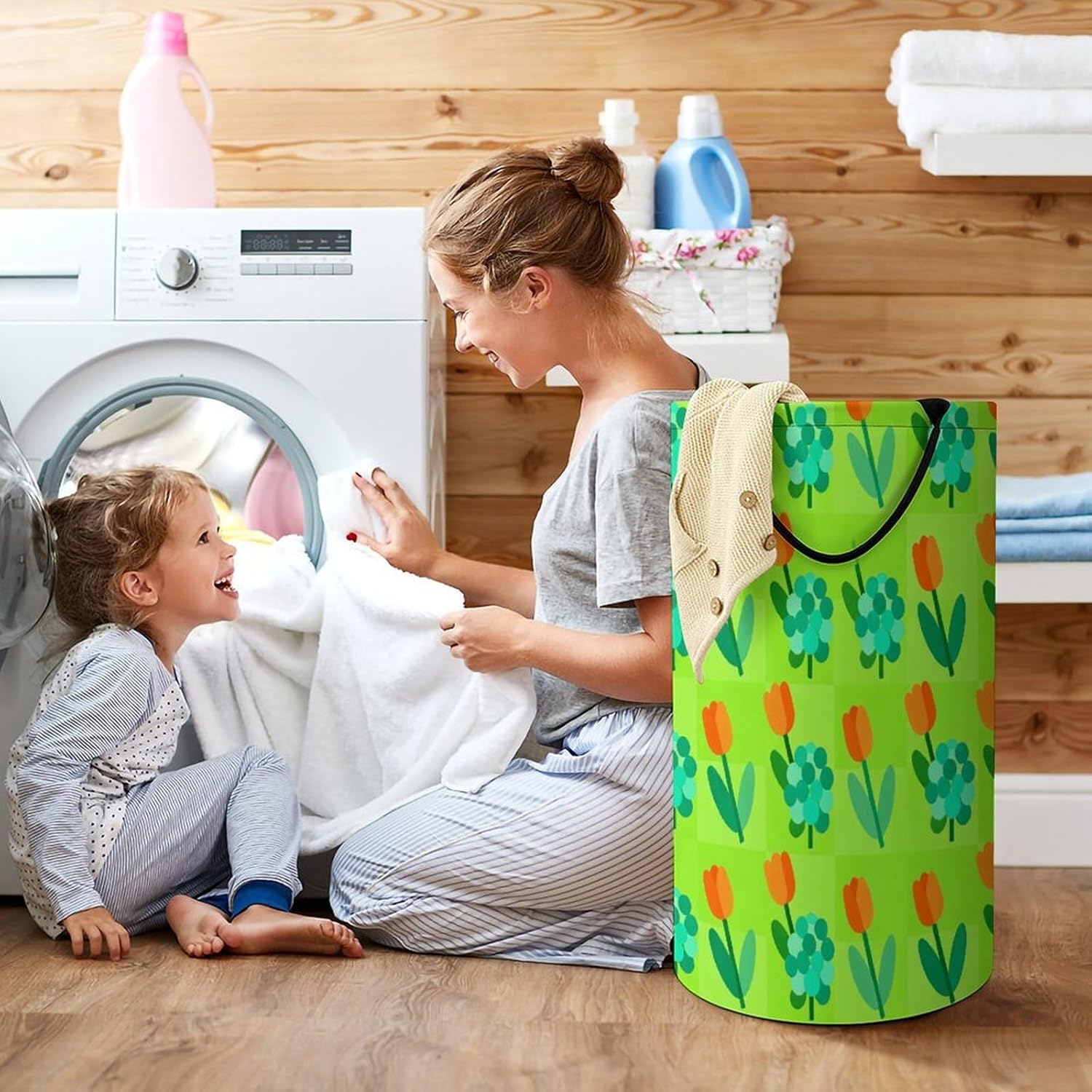 Flower Plaid in The Spring Field Laundry Hamper with Handles Waterproof Collapsible Laundry Basket Large Lightweight Round Dirty Clothes Hamper for Home Dorm Bathroom Decor