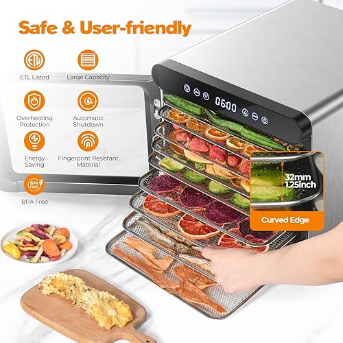Miniatura 4 de Deshidratador de alimentos para carne seca con 9 bandejas de acero inoxidable, secadora de frutas de 800 W, temperatura de 165  y temporizador de 48