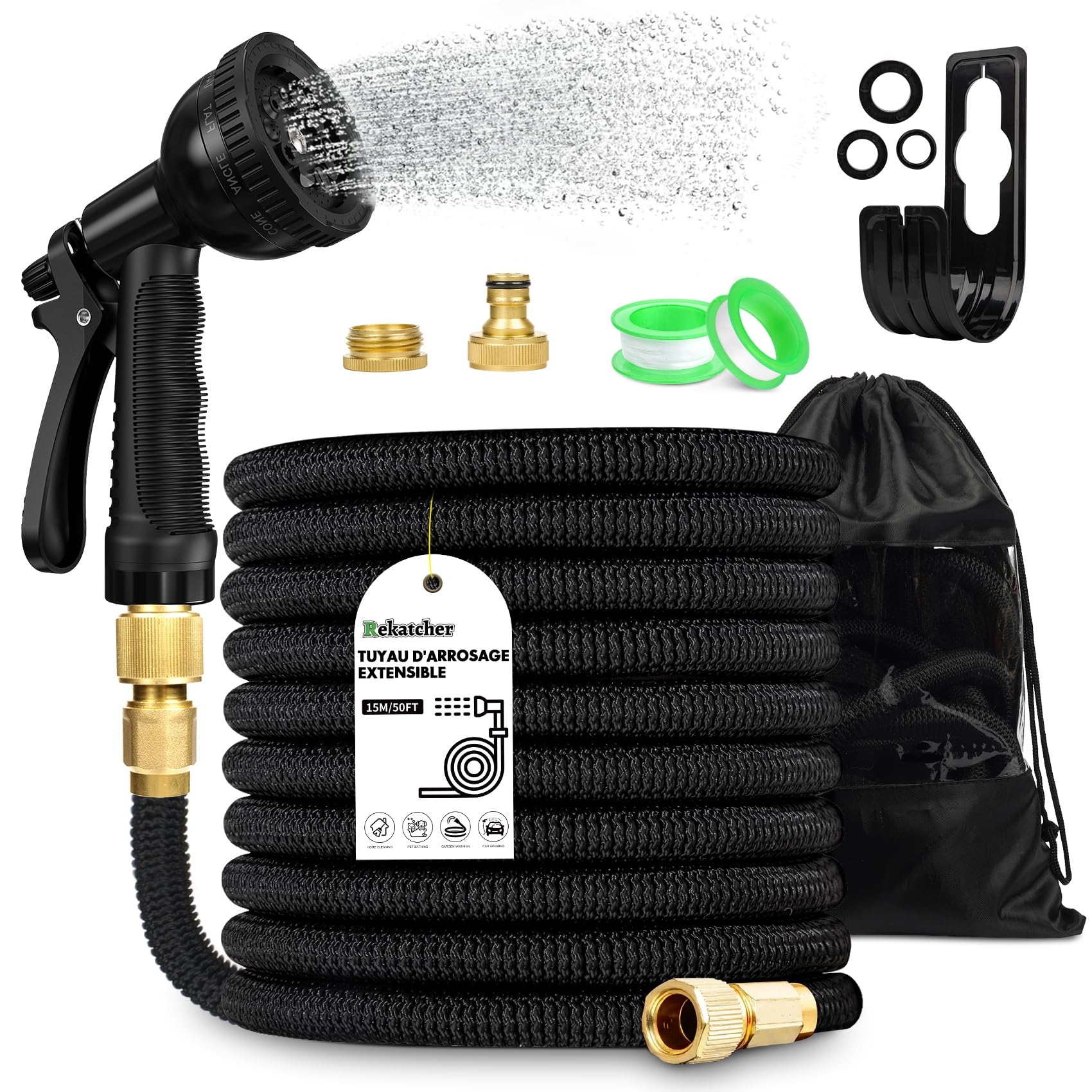 Tuyau Arrosage Extensible 15 M (50 Ft) – Noyau Latex 3 Couches – 10 Buses + Raccords Laiton – Anti-Fuite & Compact