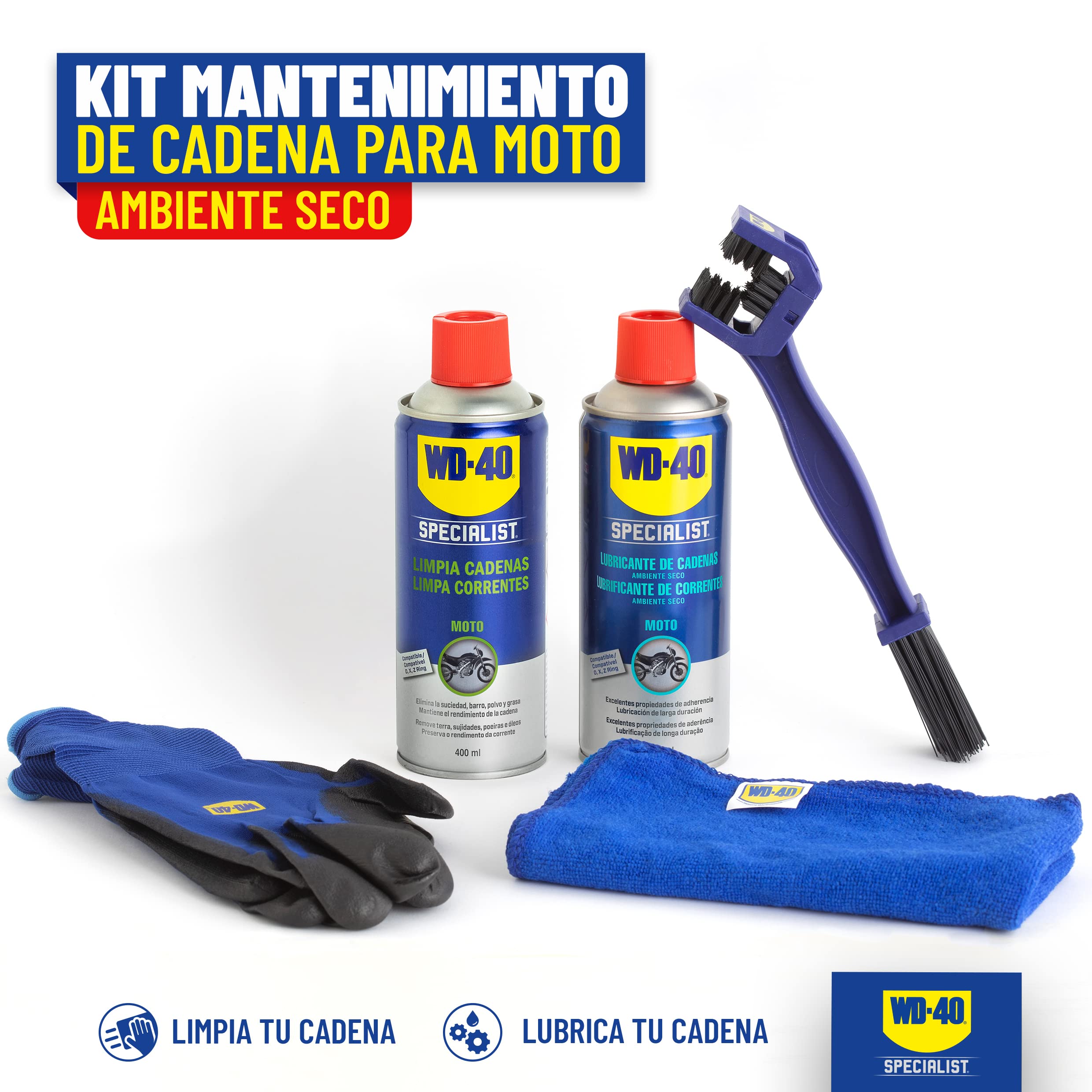 WD-40 Specialist Motorbike Kit Mantenimiento Cadena Moto Ambiente Seco (Limpia Cadenas + Lubricante de Cadenas Ambiente Seco + Cepillo Limpia Cadenas + Guantes de Trabajo +Paño de Microfibra) - 3