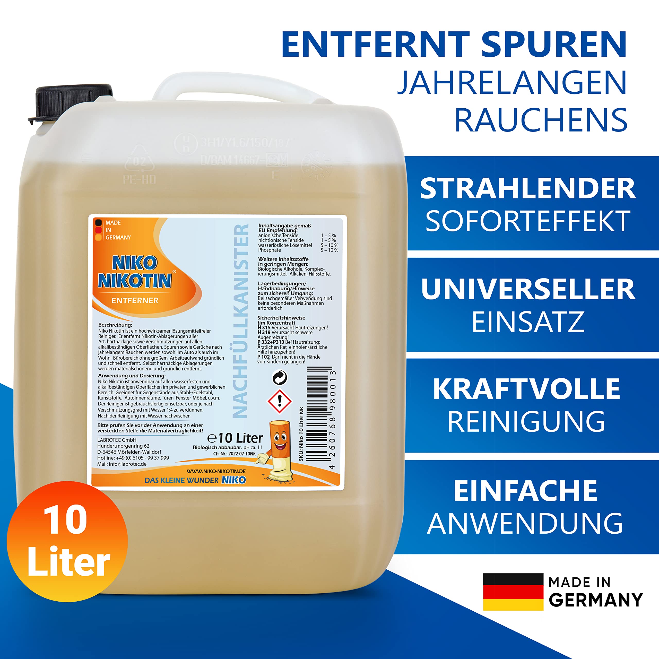 10L Kanister Profi Nikotinentferner I Kraftvoller Nikotin Entferner Reiniger I auch als effektiver Kunststoffreiniger gegen hartnäckige Vergilbung & Flecken