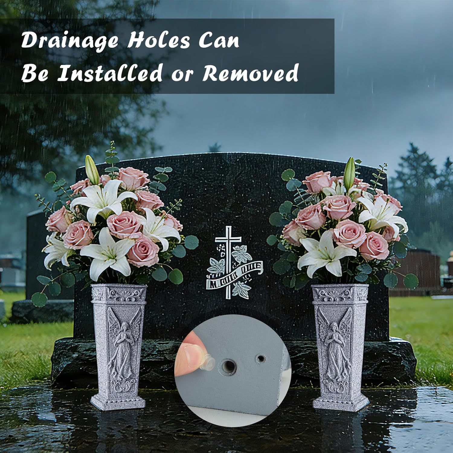 Cemetery Vases, Grave Memorial Vase with Spike, Resin Angel Flowers Holder for Cemetery, Headstone, Grave, Garden, Lawn, Yard Decorations (2Pcs, Grey), Flower is not Included.