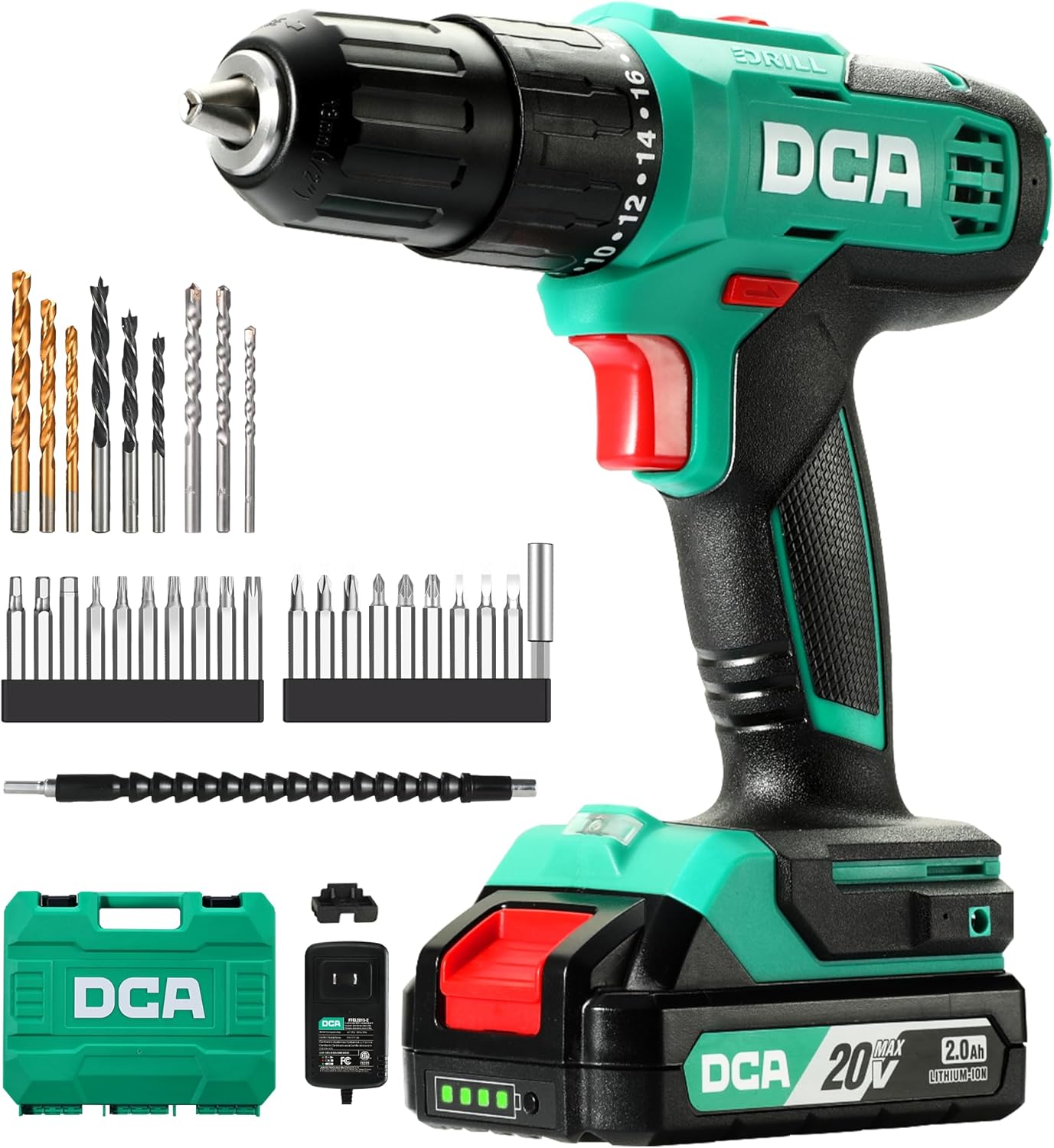 DCA 20V Akku-Schlagbohrmaschine Set, 40 Nm, 13 mm Schnellspannbohrfutter, 22500 Schläge/Min, 2 Geschwindigkeiten, 18+1+1, Schlagbohrschrauber mit 14 Bohr-/Schrauber-Bits für Ziegel, Metall, Holz，