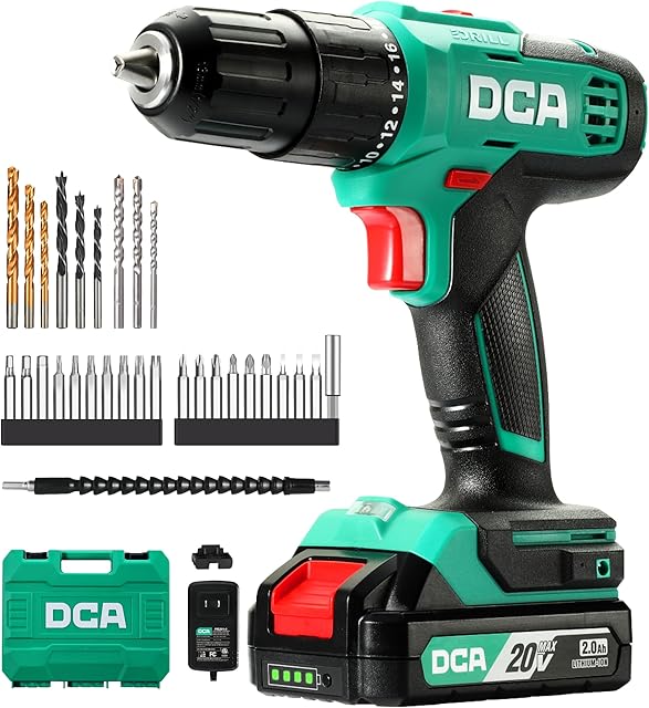 DCA DCA 20V Akku-Schlagbohrmaschine Set, 40 Nm, 13 mm Schnellspannbohrfutter, 22500 Schläge/Min, 2 Geschwindigkeiten, 18+1+1, Schlagbohrschrauber mit 14 Bohr-/Schrauber-Bits für Ziegel, Metall, Holz， — Akkuschrauber