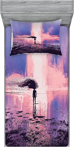 Ambesonne Fantasy Fitted Sheet & Pillow Sham Set, Trippy Person in Wind Blowing Hair on The Water Serene Artwork, Decorative Printed 2 Piece Bedding