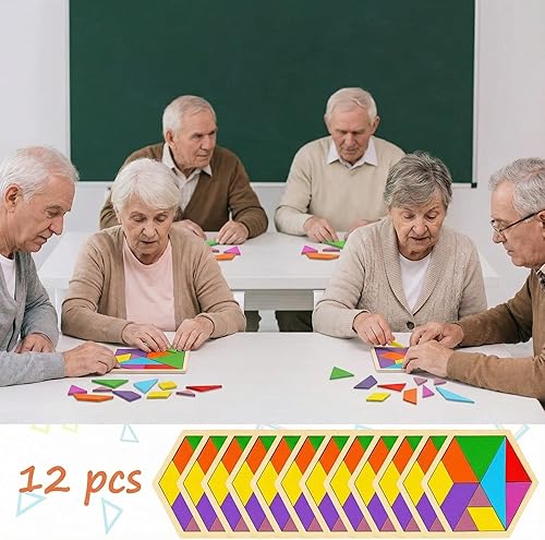 Miniatura 6 de Meooeck Paquete de 12 rompecabezas de madera Tangrams con forma de F, bloques de lógica cerebral para juegos, regalos educativos para adultos