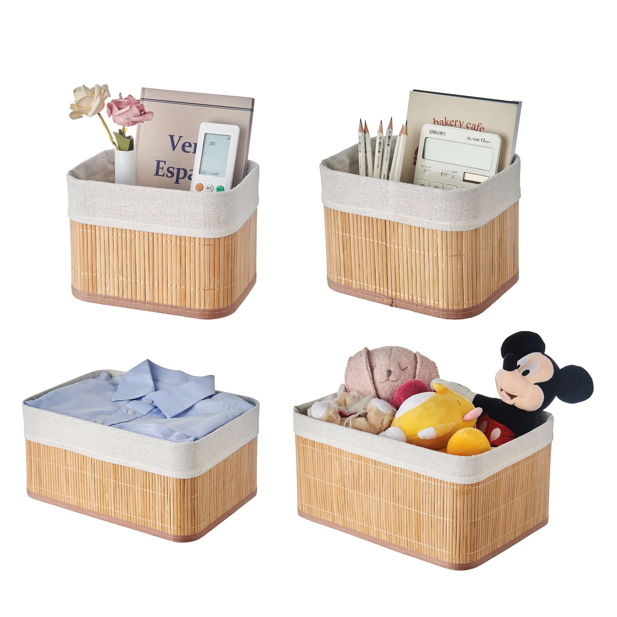 Eden & Willow Brown Set Of 4 Storage Shelf Baskets With Lining, Stackable Bamboo Storage Divider Boxes For Closet Drawer & Cupboards | Organiser Bins For Cupboards (Set Of 4 - Square)