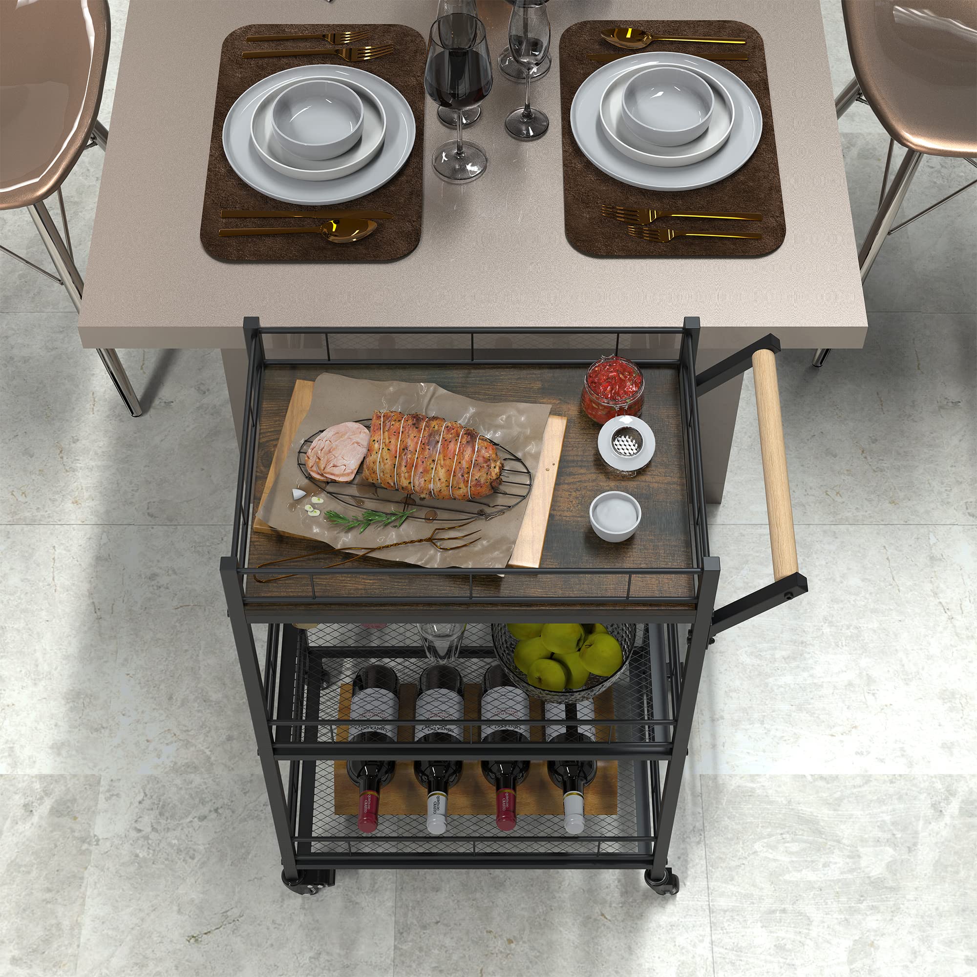 ANYHI Drinks Trolley with Wine Rack and Handle, Kitchen Trolley Serving