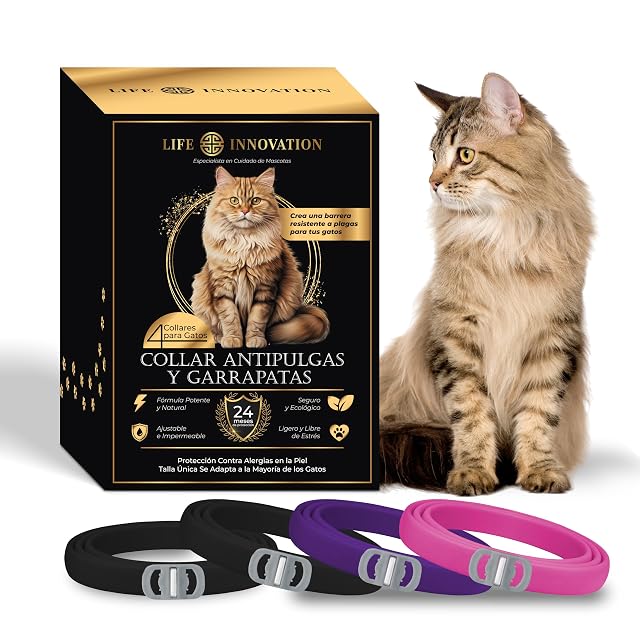 Pack de 4 Collares Antiparasitarios para Gatos, 24 Meses de Protección contra Pulgas, Garrapatas y Mosquitos