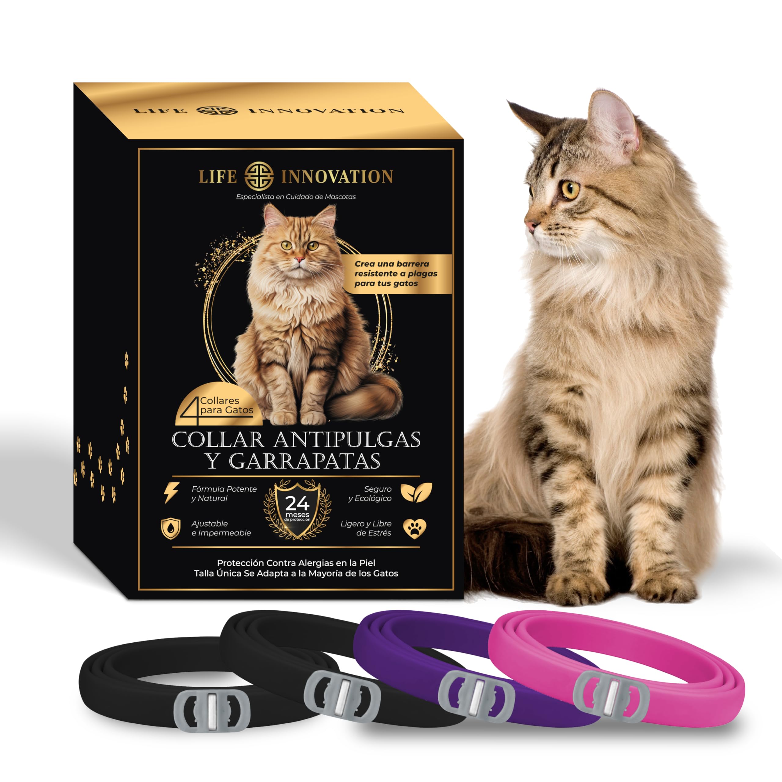 Pack de 4 Collares Antiparasitarios para Gatos, 24 Meses de Protección contra Pulgas, Garrapatas y Mosquitos – 100 % Natural, Impermeable, Ajustable, para Todos los Tamaños.