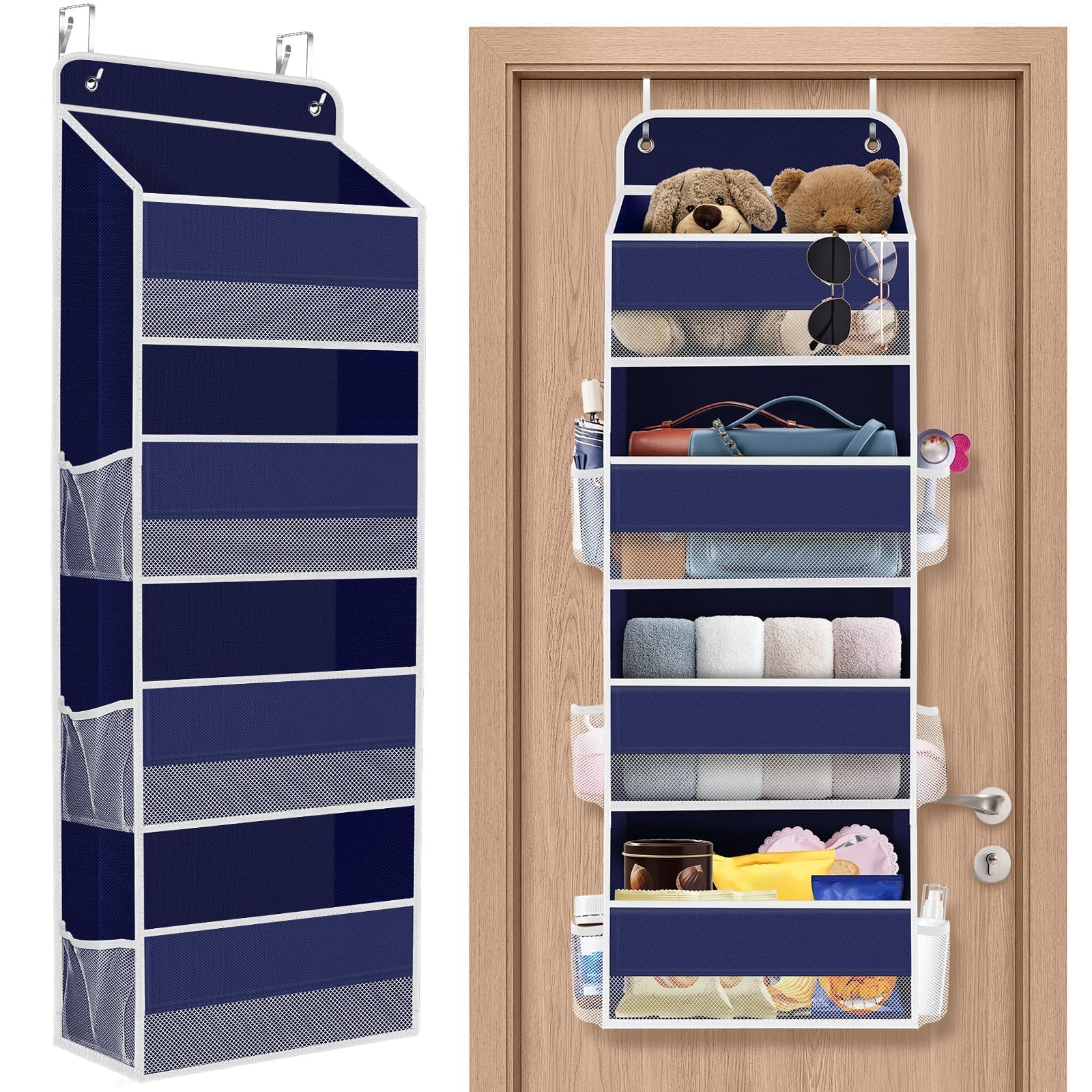 1Pack Over The Door Organizer Large Capacity Hanging Storage Room Organizer | 40 lb Capacity, Ultra-Sturdy, Foldable, Mesh Design with Clear Window, Space-Saving Organizer for Pantry, Nursery & Closet Blue 4-Tier