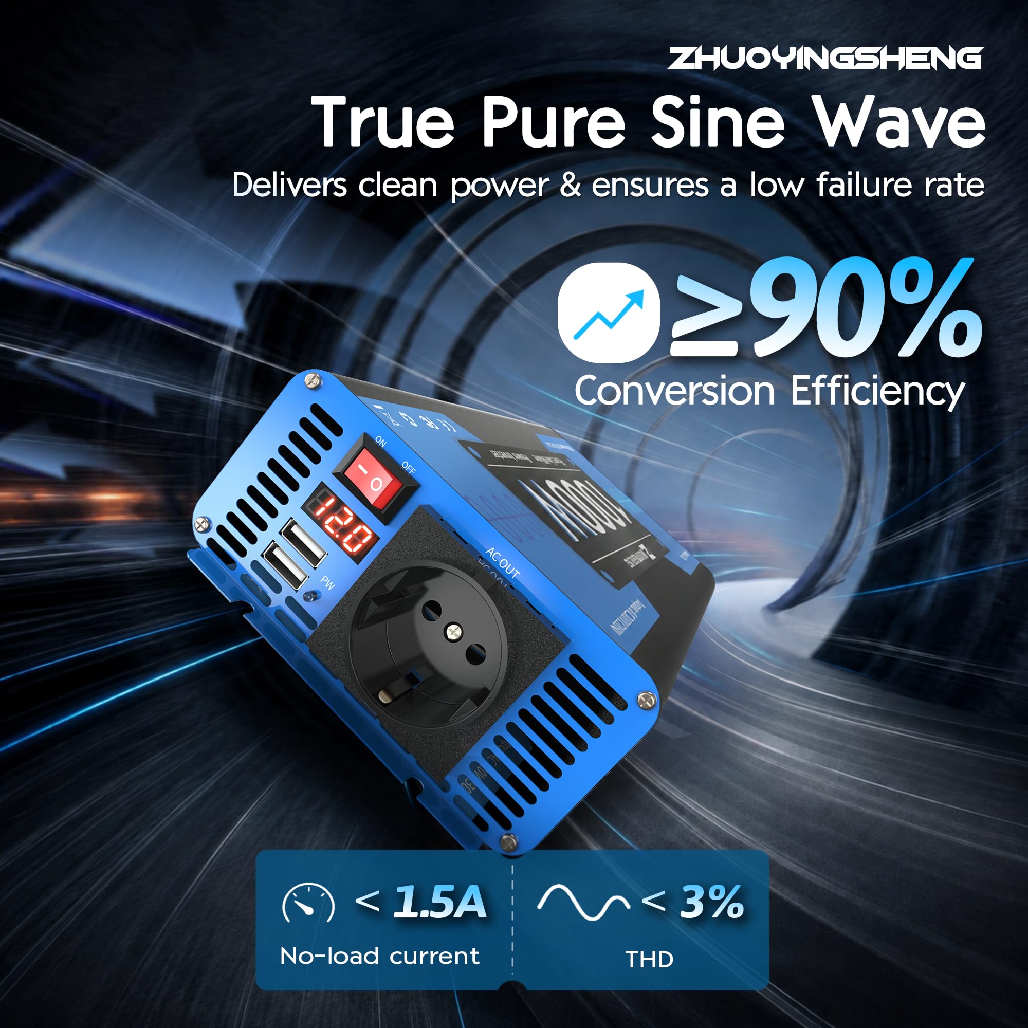 ZYS 1000W Wechselrichter 12V auf 230V Reiner Sinus, Blau