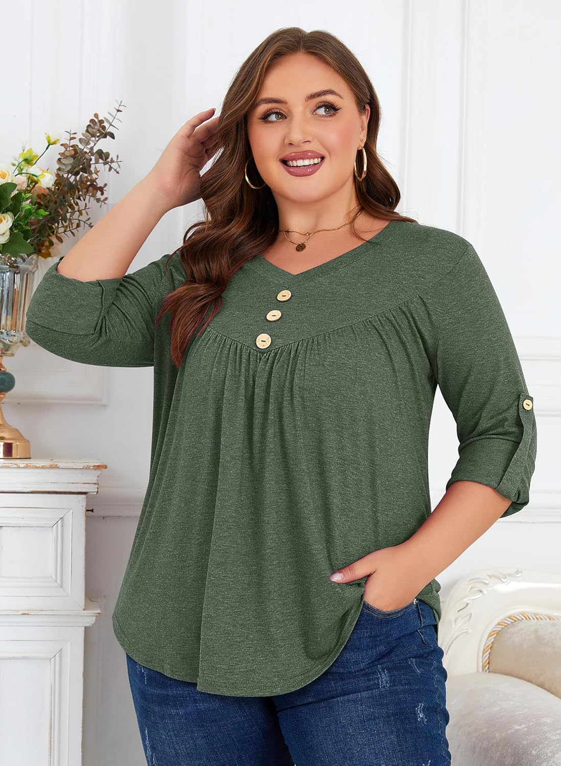 Siddhe Plus Size Tops 3/4 Sleeve Tunic Plus Size Fall Fashion for Women V Neck Casual Loose Tunic Blouse Dressy Casual Winter Fall Thermal Loose Lounge Fashion Tops with Leggings (Army Green,5XL) - Image 6