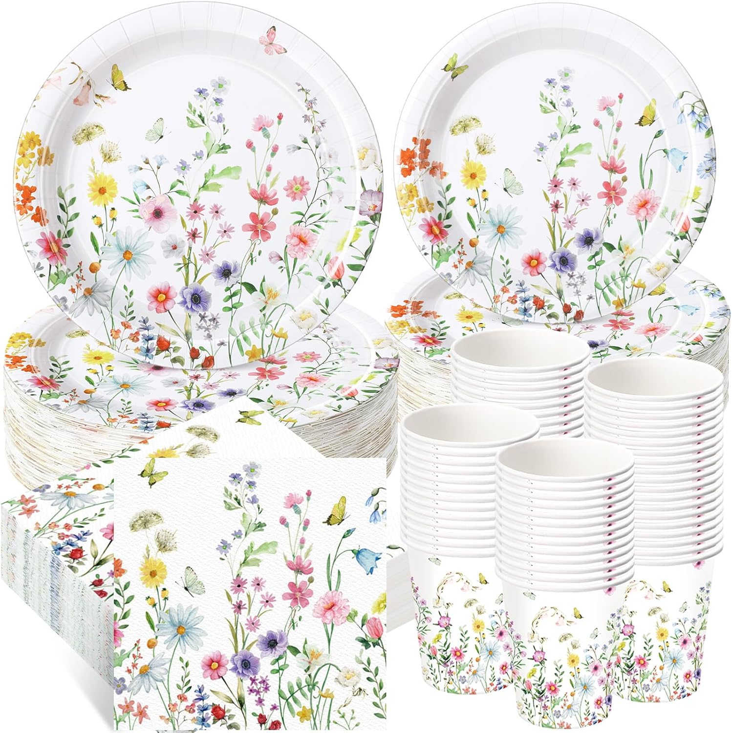 250 Pcs Wildflower Party Decorations Include Spring Summer Floral Paper Plates Napkins and Cups for Wildflower Baby Shower Tea Decorations, Serve 50 Guest(Vivid, Blossom Style)