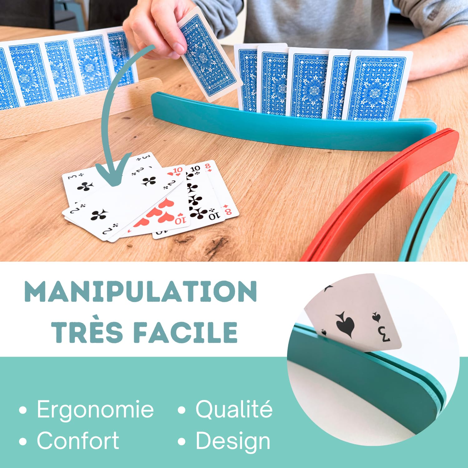 Porte cartes à jouer en bois 34 cm Lot de 4 - Accessoire belote tarot mains libres