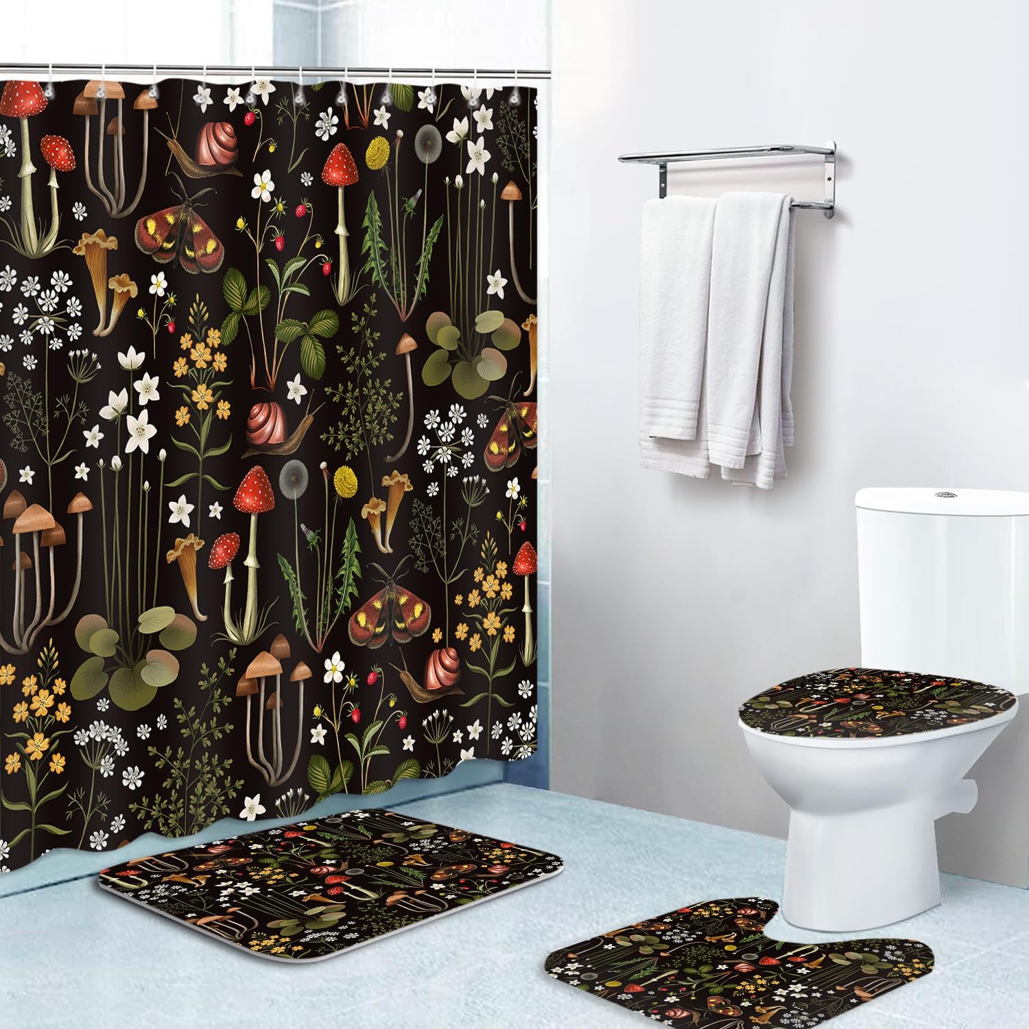 4Pcs Retro Mushroom Bathroom Accessory Sets with Shower Curtain and Rugs, Fairy Forest Flowers Plants on Black Background Shower Curtains with Non-Slip Rugs Toilet Lid Cover Bath Mat 72 x 72