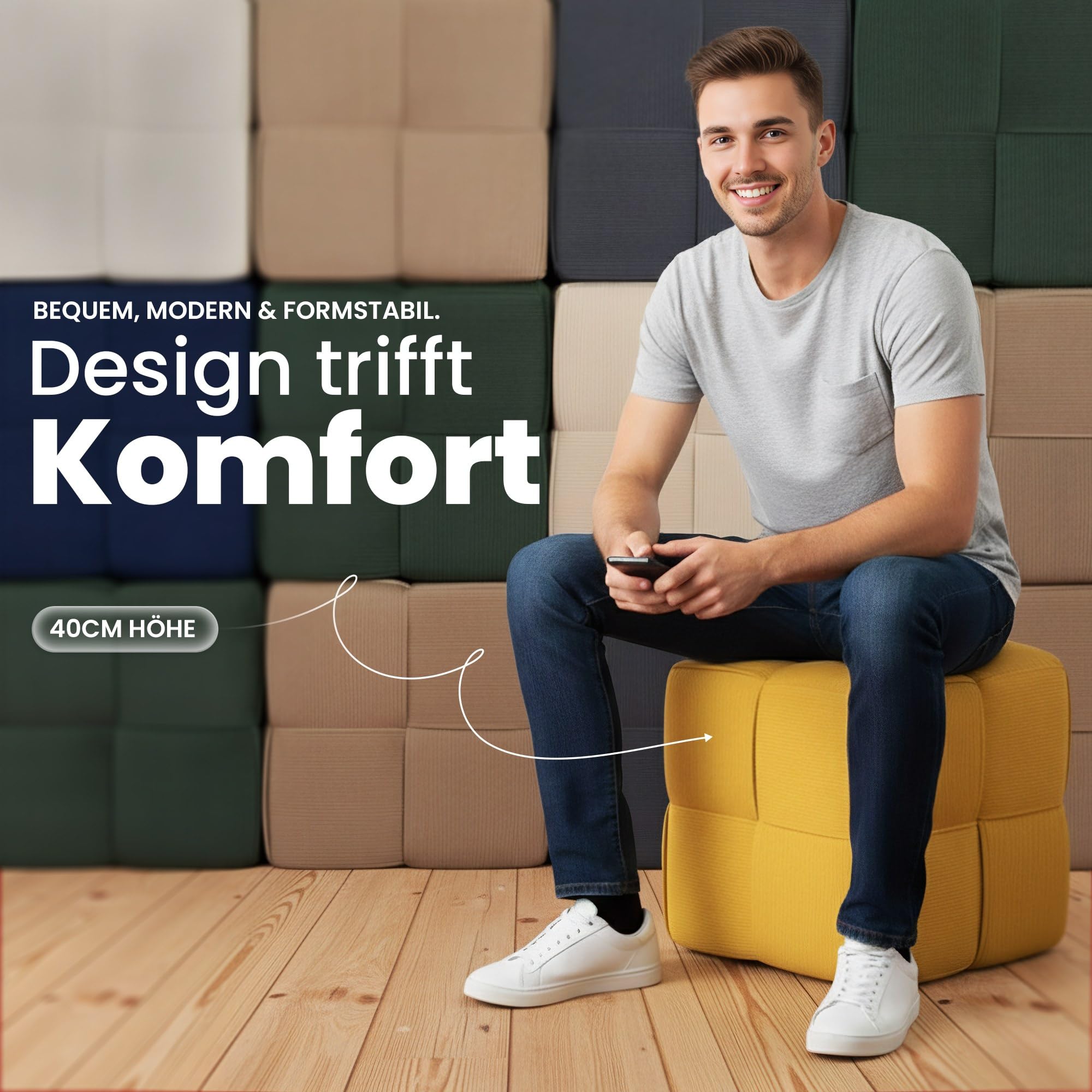 CLP Sitzhocker Cord Forinta, modernes quadratisches Design, bequemer Hocker, Fußhocker, Sitzwürfel für Wohnzimmer & Schlafzimmer, Farbe:dunkelgrau