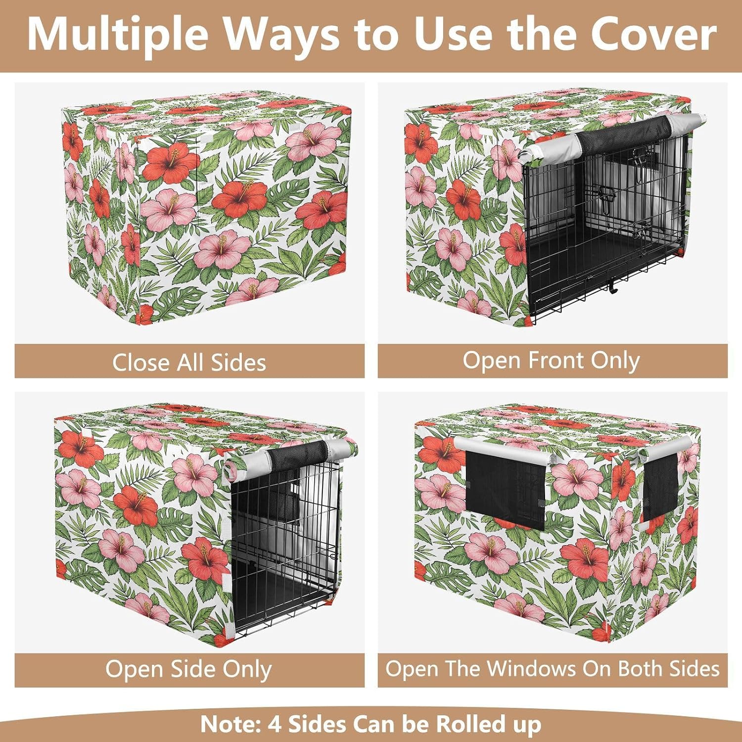 Tropical Hibiscus Flower Dog Crate Cover 600D Oxford Pet Kennel Cover with Mesh Window for Dog Cages, Windproof Waterproof Machine Washable, 48"x30"x33"