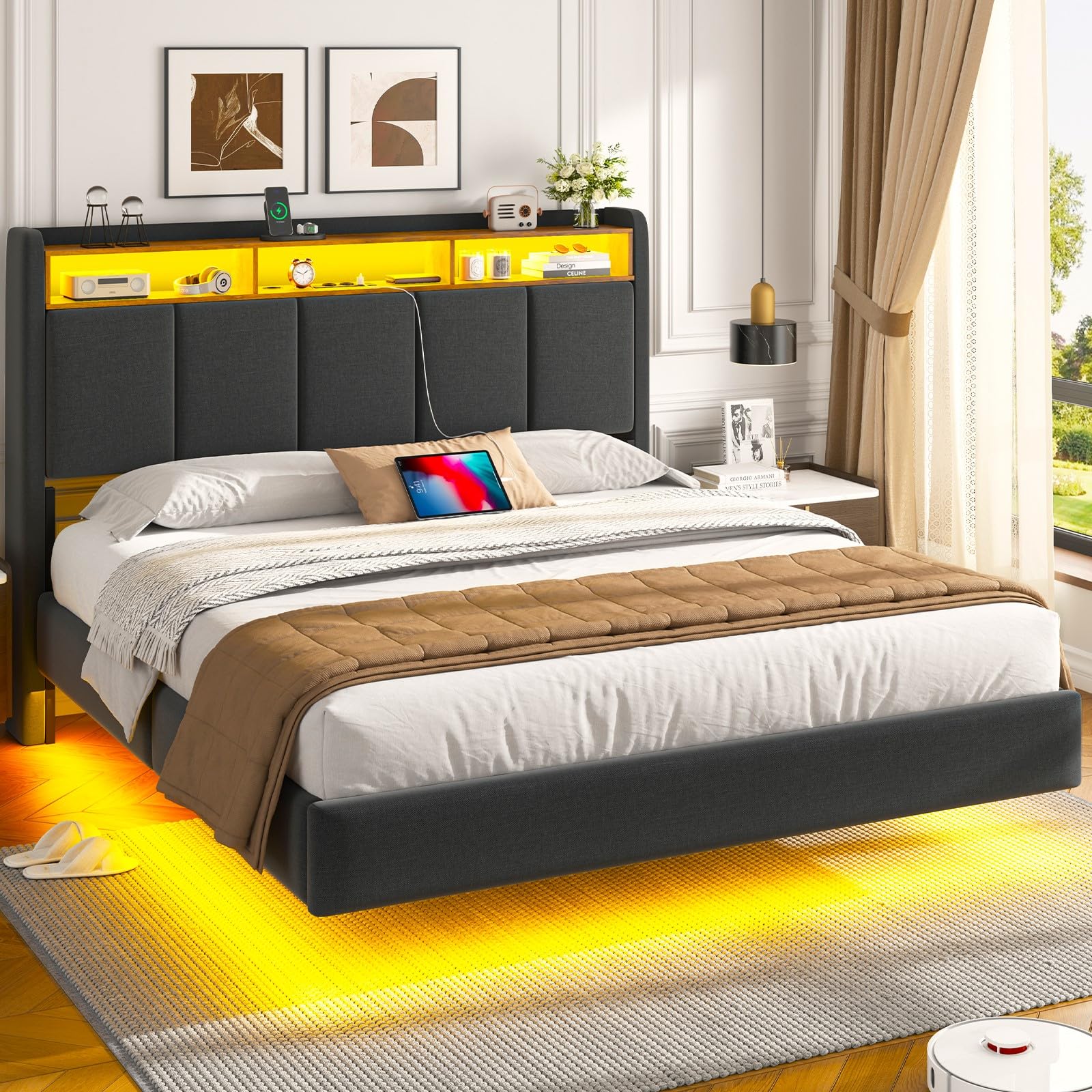 Brinlawb Polsterbett 140x200 cm Schwebebett mit LED-Beleuchtung, Kopfteil und Ladestation(2 AC-Steckdosen, 2 USB-Anschlüsse), Bett 140x200 mit Stauraum, Modern Doppelbett mit lattenrost, Leinen, Grau