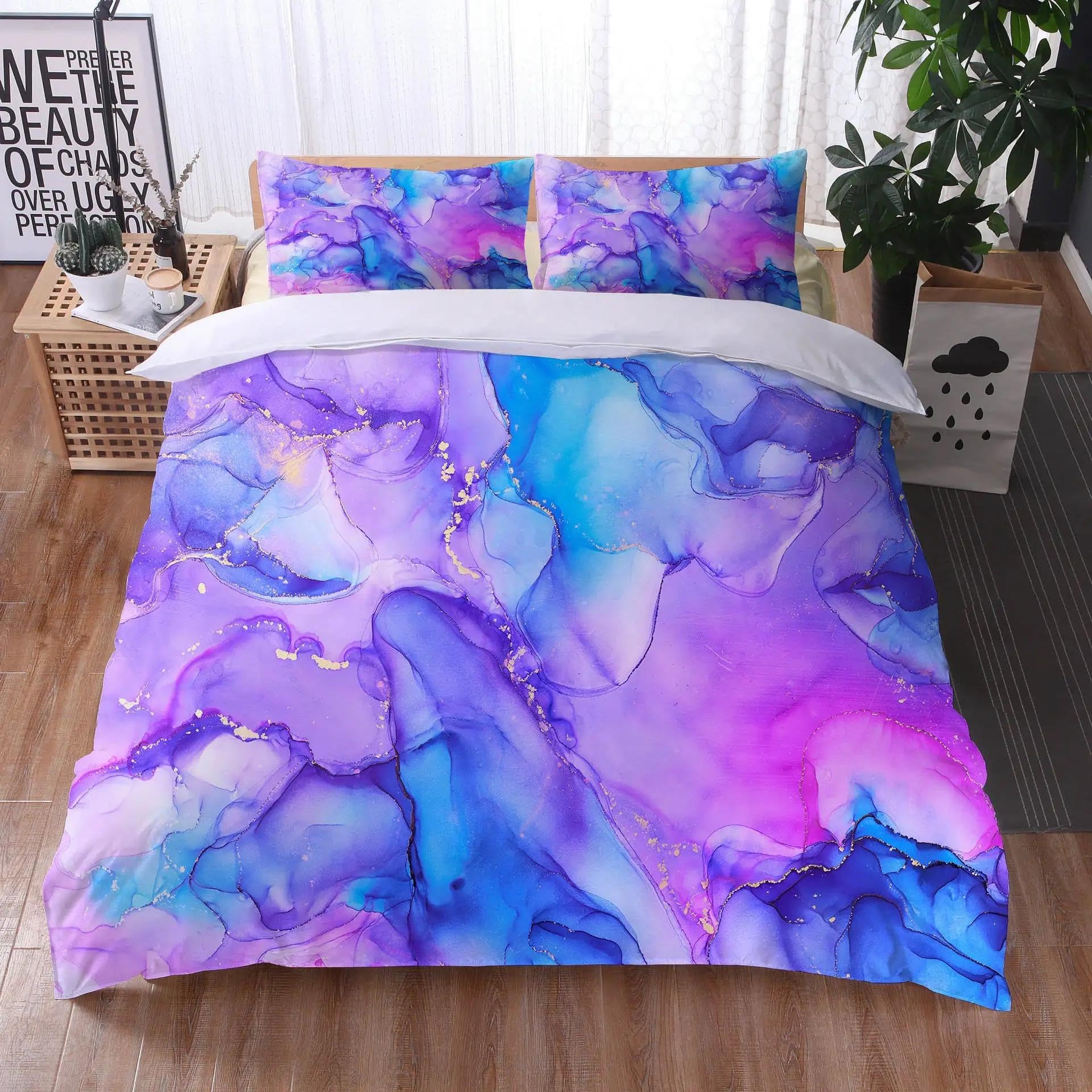 Housse de couette marbre coloré rose bleu violet | Parure de lit King 120x200