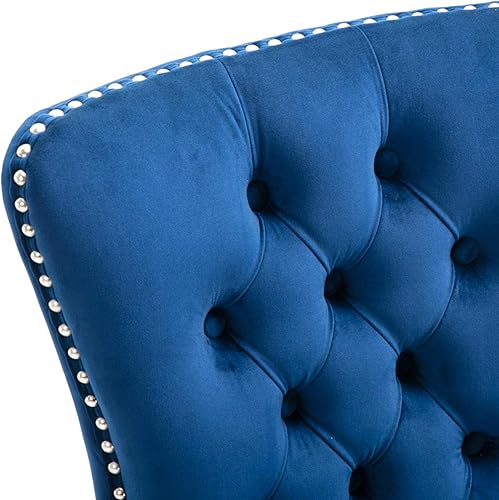 Miniatura 5 de Juego de 2 sillas de comedor tapizadas con botones, juego de sillas de comedor de cocina con respaldo de alas y patas de madera maciza (azul, 1 par)