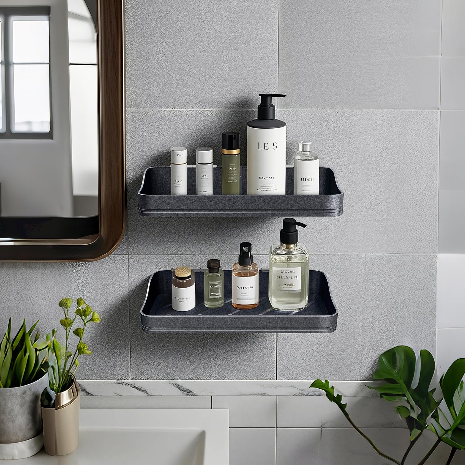 FIESONO Luxury Shower Caddy Rustproof Metal Large Capacity Bathroom Shelves for Storage Adhesive or Drill Mounting for Kitchen