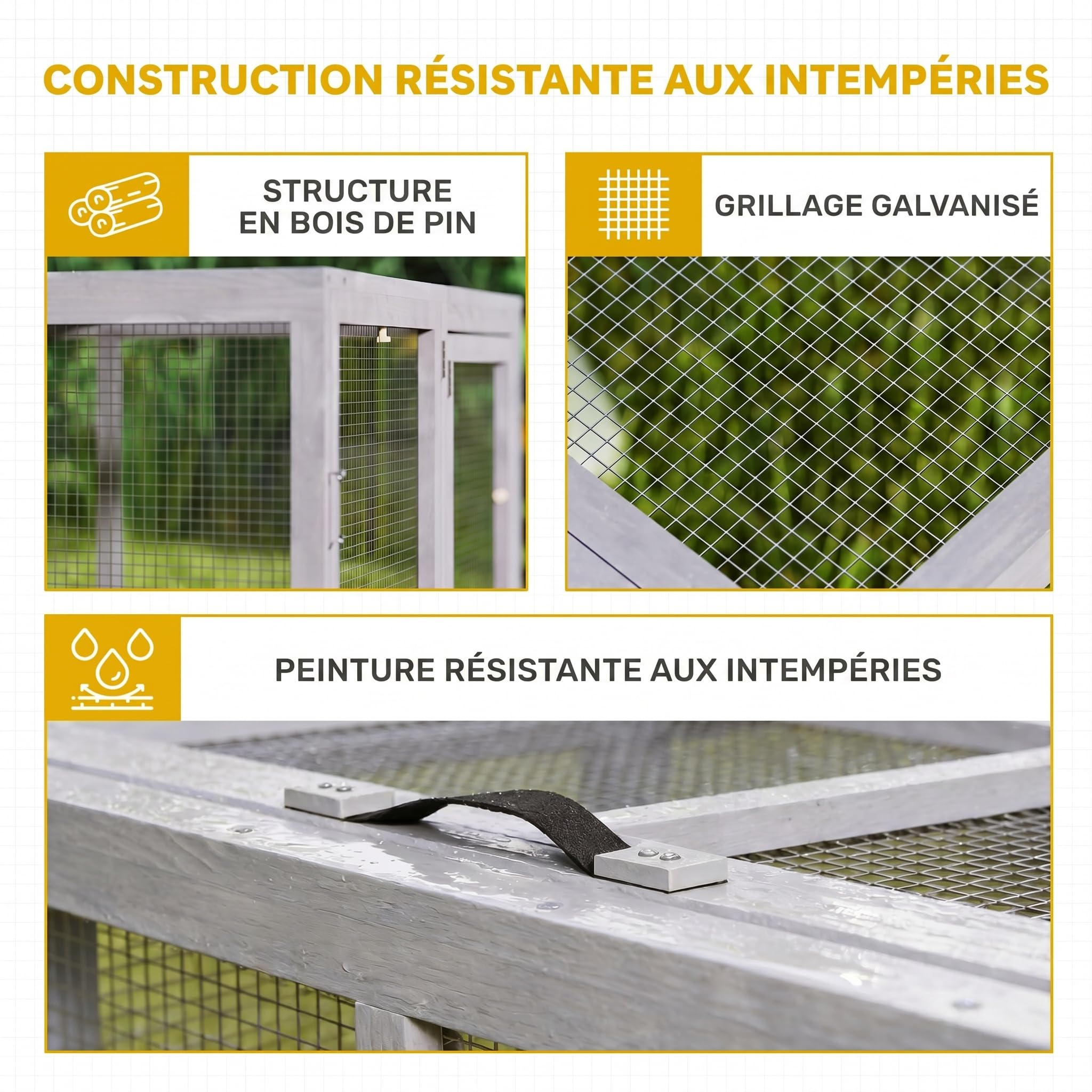 PawHut Clapier Lapin Extérieur Pliable en Bois - Enclos Lapin 1,2 ㎡ (110x105x50cm) avec Grand Espace d'Activité, Toit Ouvrant et Poignée, sans Fond - Cage pour Poule et Cochons d'Inde de Jardin, Gris