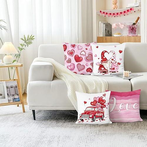 Miniatura 2 de Bonhause Juego de 4 fundas de almohada para el día de San Valentín, 18 x 18 pulgadas, diseño de gnomos de corazón rosa y camión, para aniversario,