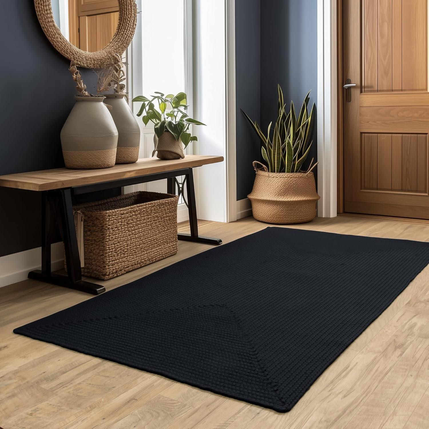 Lichfield Entrway Rug - Solid Reversible Indoor/Outdoor Washable Braided Rug - Woven Carpet for Foyer- Black 3' x 5' Rectangle