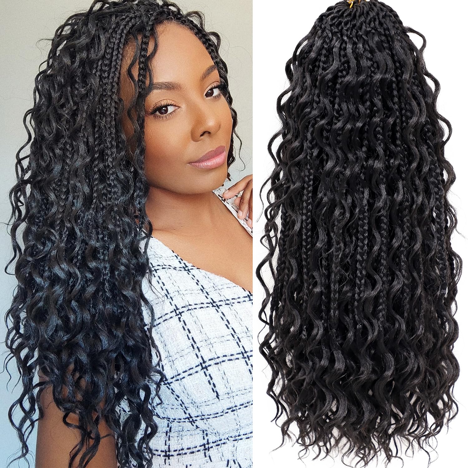 Miuric Boho Box Braids Crochet Hair for Black Women 18 Inch 7 Packs Goddess Box Braids Crochet Hair Pre-Looped with Curly Ends Bohemian Synthetic