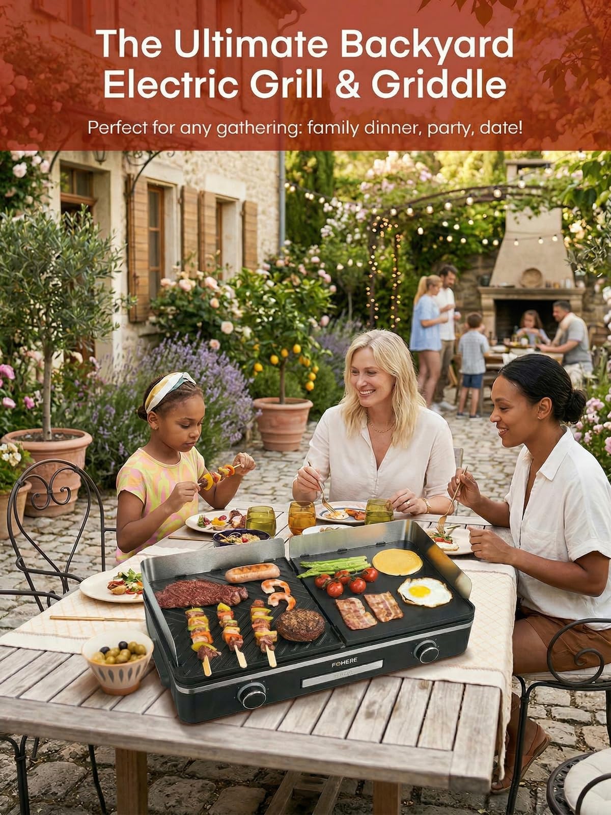 FOHERE Barbecue Électrique de Table 2400W - Plancha de Jardin et Balcon avec 2 Zones de Cuisson Indépendantes - Grande Surface Antiadhésive (Lisse & Nervurée) - Idéal Camping et Extérieur