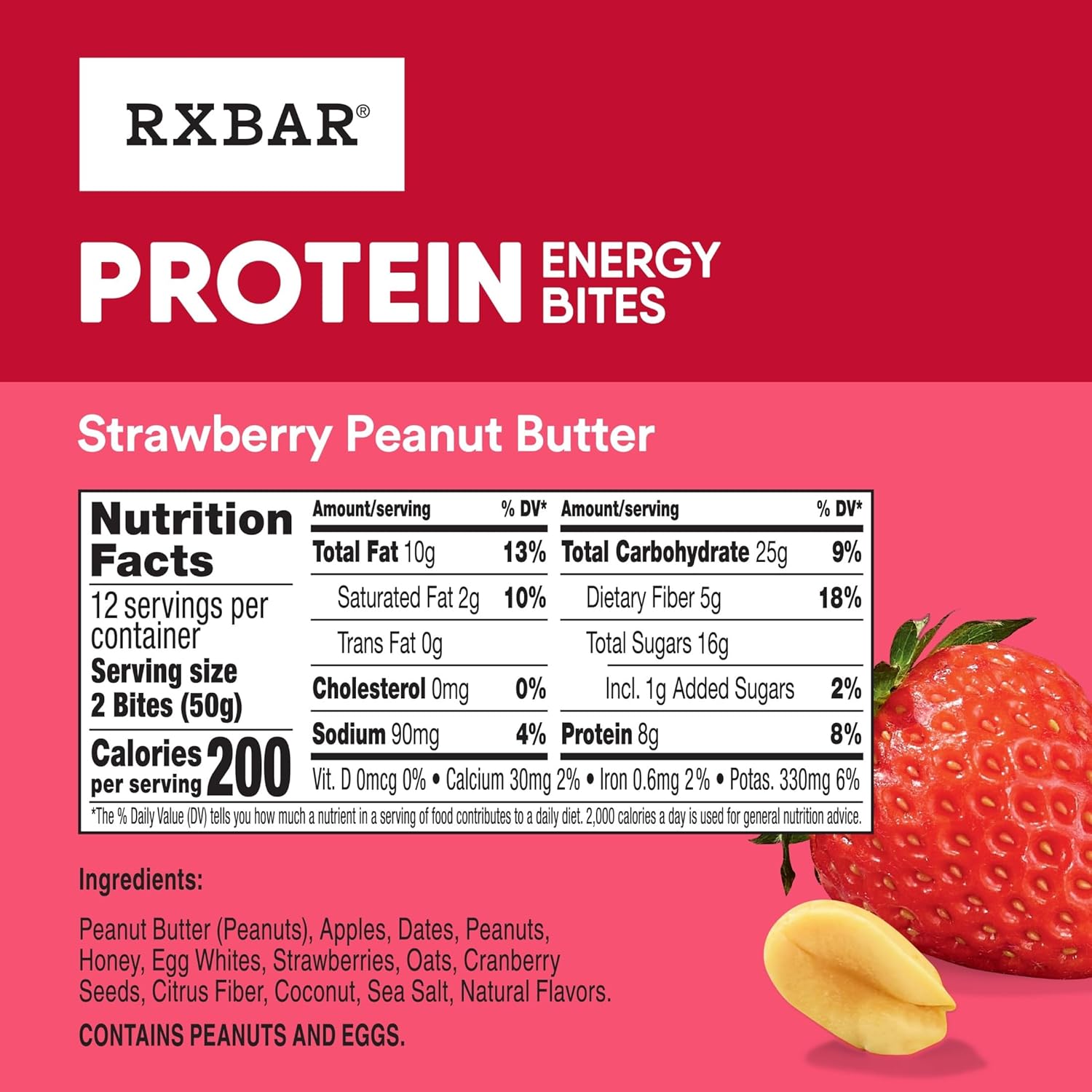RXBAR Protein Energy Bites, Gluten Free Protein Balls, Strawberry Peanut Butter, 21.1oz Box (24 Bites)
