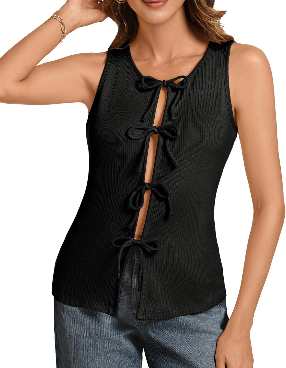 Ribbed Tank Tops for Womens - Y2k Sleeveless Bow Tie Front Shirts Cute Summer Going Out Crop Top