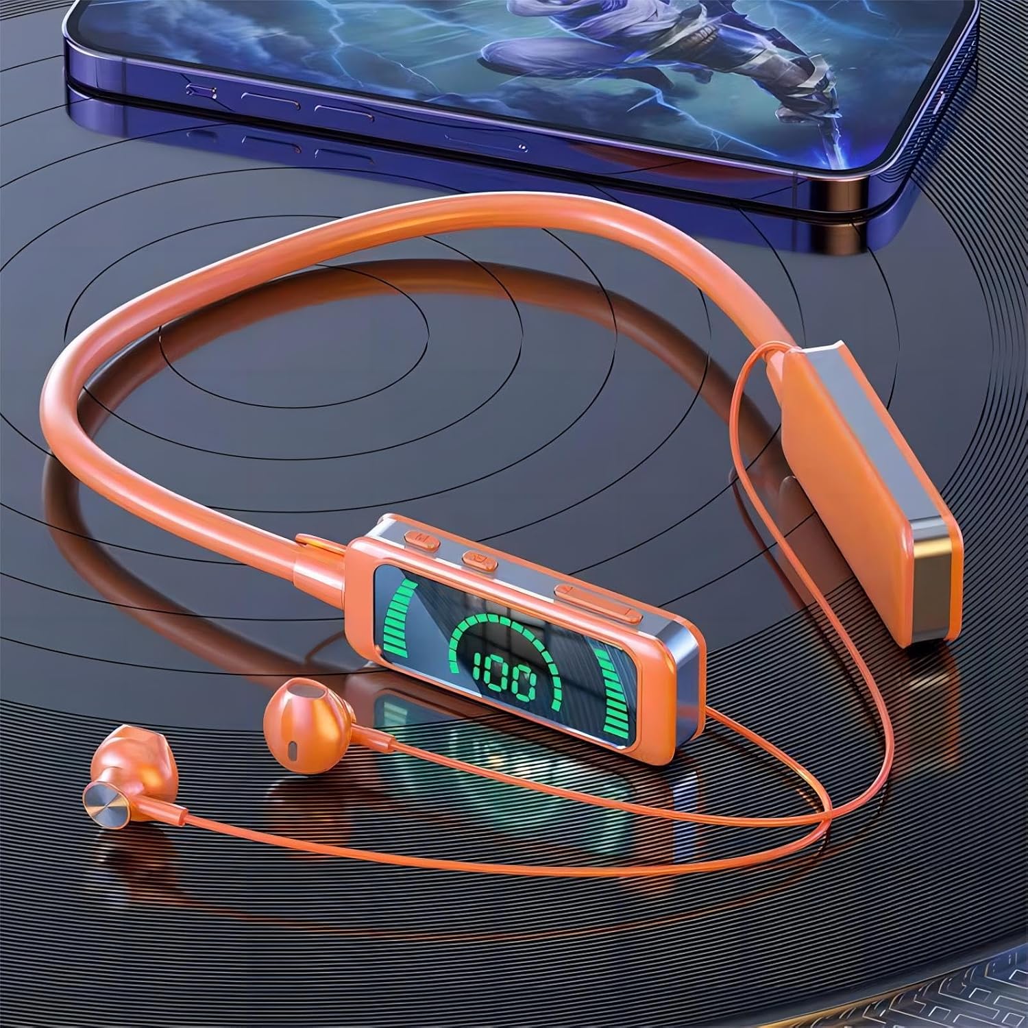 新款ZDEJX88耳机运动风挂脖式蓝牙耳机可插卡数显镜面 (橙色)