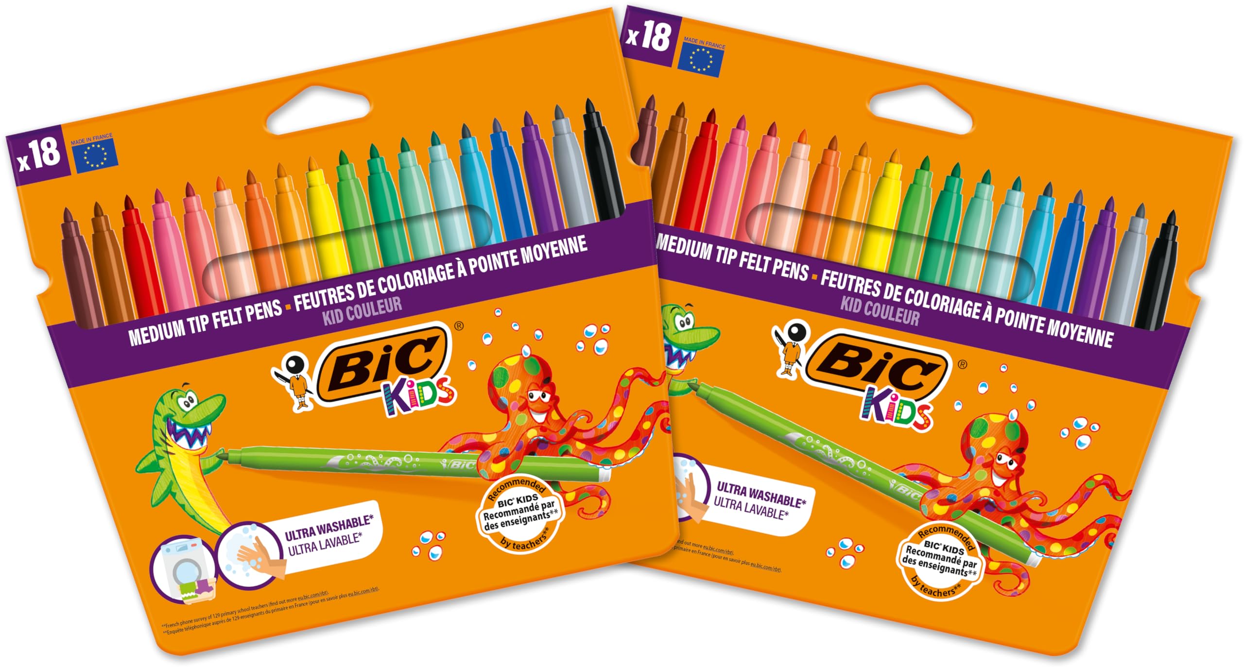 BIC Kids Kid Couleur - Feutres de Coloriage Lavables à Pointe Moyenne - Couleurs Assorties, Lot de 2 Etuis Carton de 18